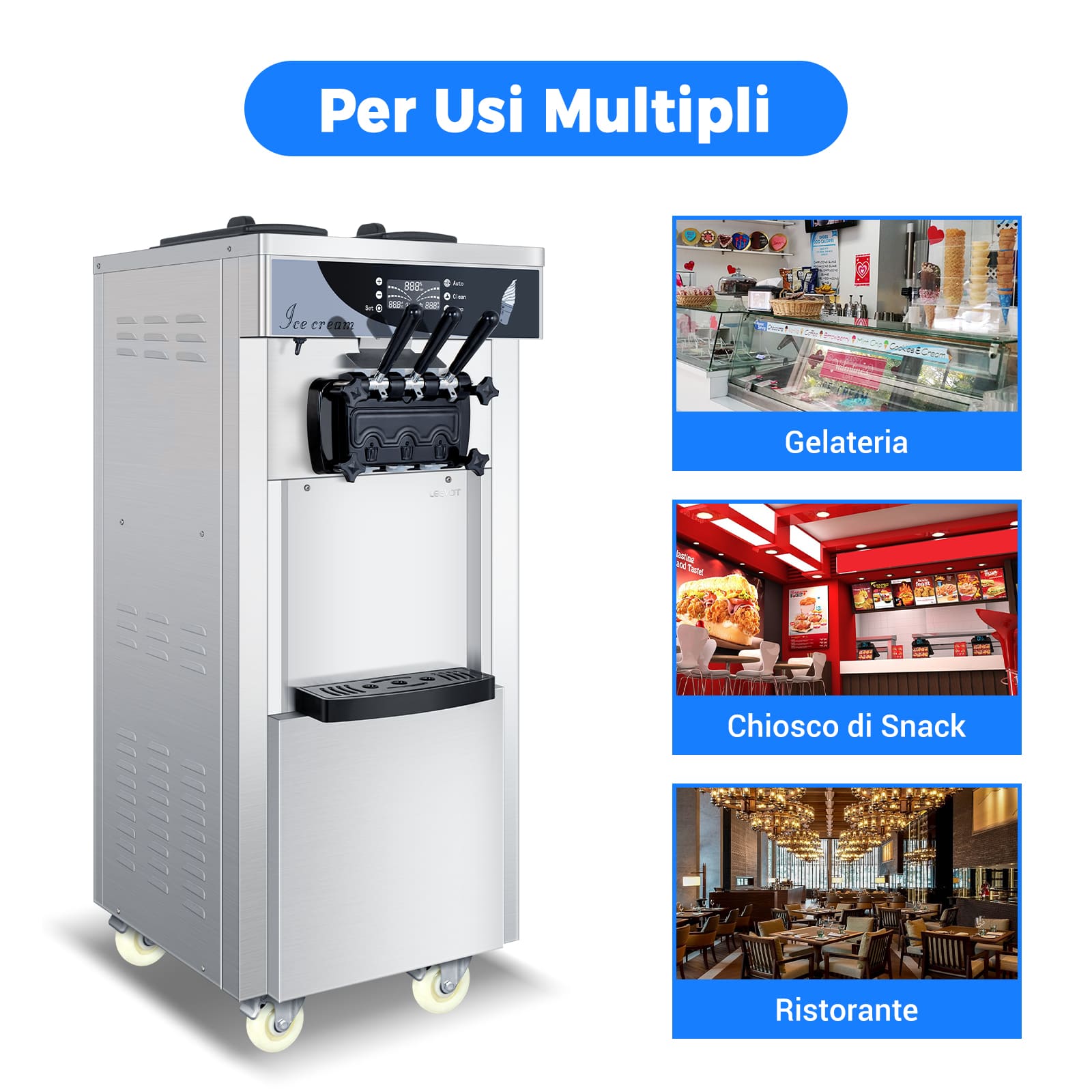 Macchina per Gelato Soft Serve Commerciale Leevot - Modello da Pavimento, 3 Gusti, 2 Tramogge, 3 Dispenser per Ristoranti e Snack Bar