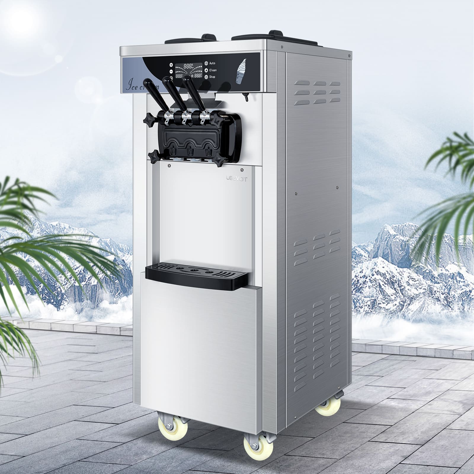 Macchina per Gelato Soft Serve Commerciale Leevot - Modello da Pavimento, 3 Gusti, 2 Tramogge, 3 Dispenser per Ristoranti e Snack Bar