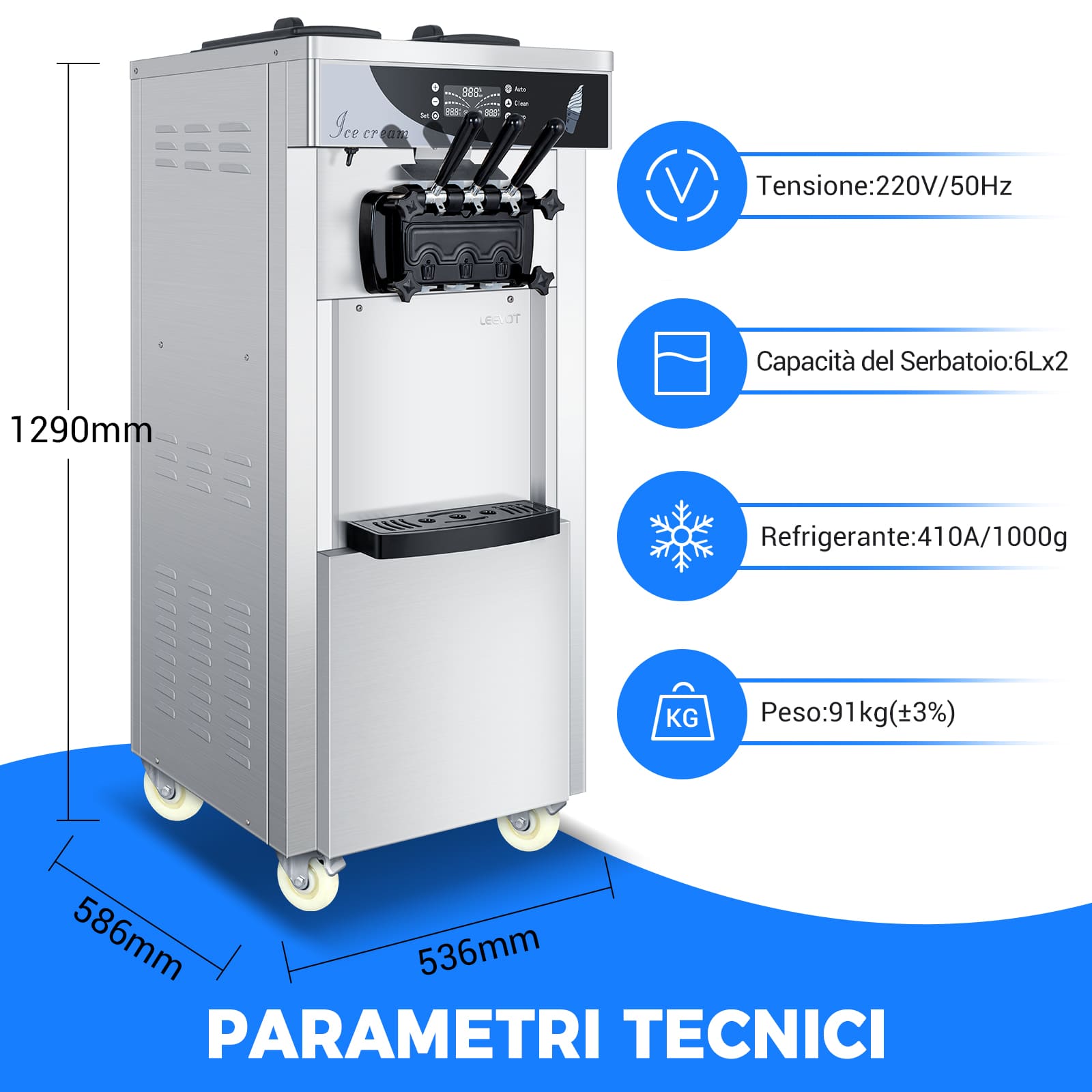 Macchina per Gelato Soft Serve Commerciale Leevot - Modello da Pavimento, 3 Gusti, 2 Tramogge, 3 Dispenser per Ristoranti e Snack Bar