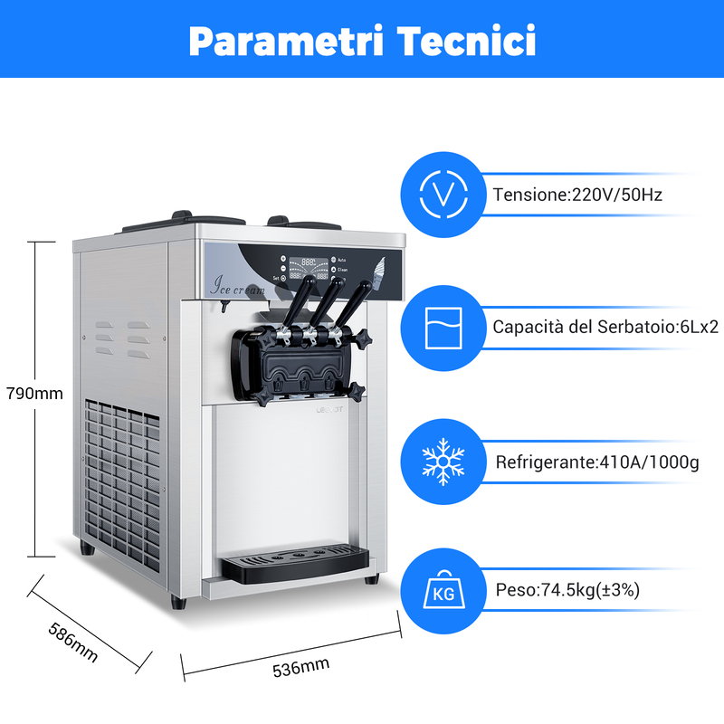 Leevot Macchina per Gelato Soft Serve da Banco con 2 Tramogge e 3 Dispenser per Ristoranti e Snack Bar