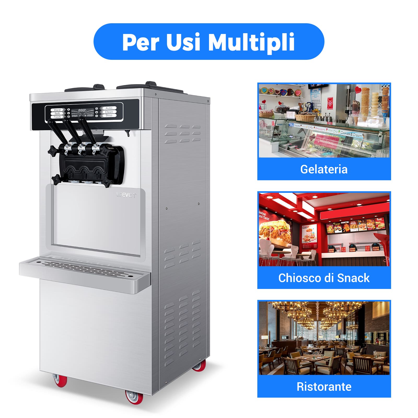 Leevot Macchina per Gelato Soft Serve Modello da Pavimento con Funzione di Pre-raffreddamento e Freschezza, 2 Tramogge e 3 Dispenser