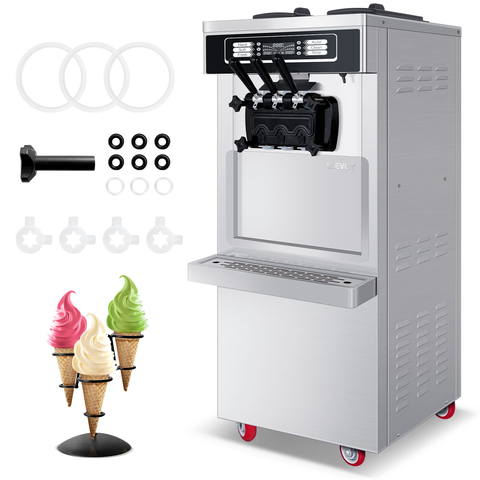 Leevot Macchina per Gelato Soft Serve Modello da Pavimento con Funzione di Pre-raffreddamento e Freschezza, 2 Tramogge e 3 Dispenser