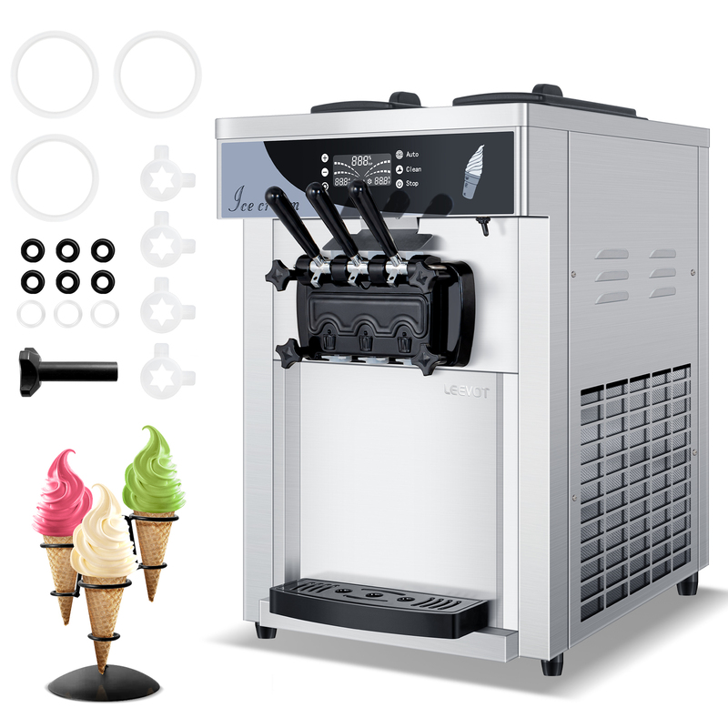Leevot Macchina per Gelato Soft Serve da Banco con 2 Tramogge e 3 Dispenser per Ristoranti e Snack Bar