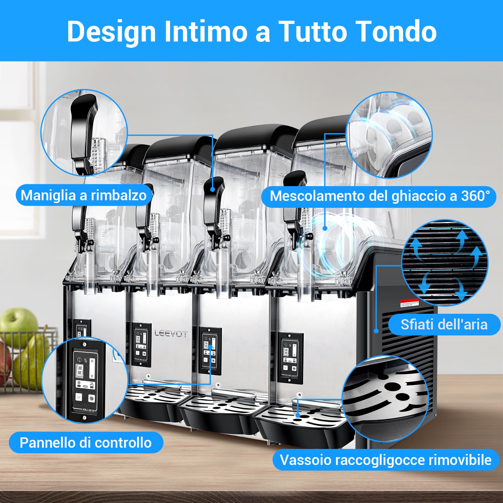 LEEVOT Macchina per Granite Commerciale con Quattro Vasche da 12L - Fabbricatore di Bevande Ghiacciate in Acciaio Inossidabile per Ristoranti e Bar