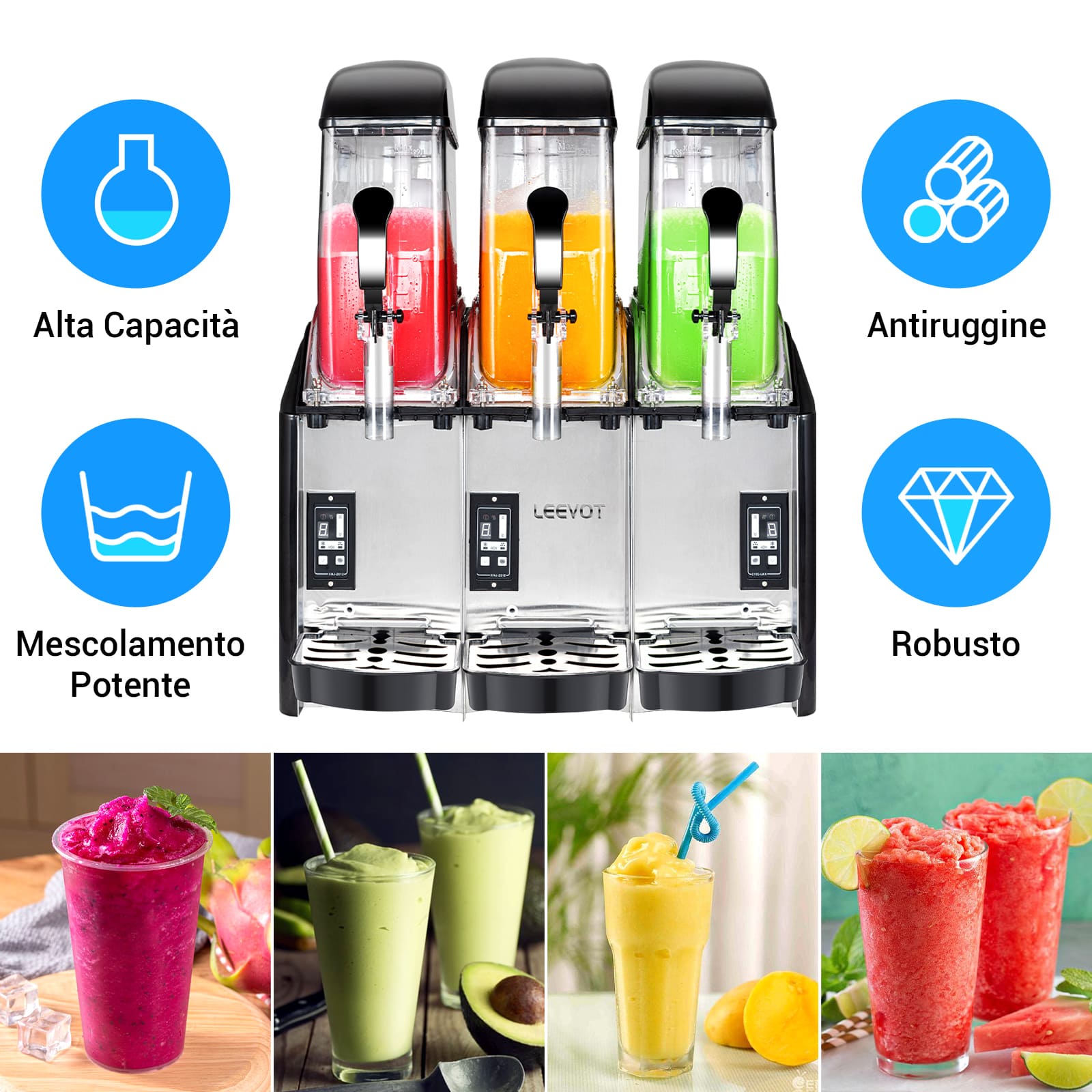 LEEVOT Macchina per Granite Commerciale con Tre Vasche da 12L - Fabbricatore di Bevande Ghiacciate in Acciaio Inossidabile per Ristoranti e Bar