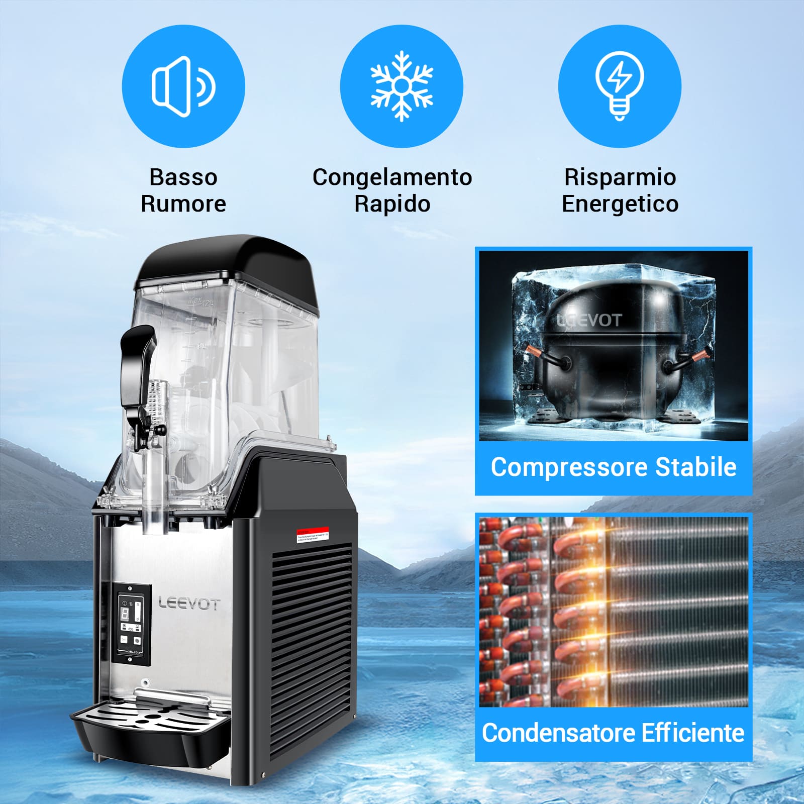 LEEVOT 12L Macchina per Granite Commerciale a Singola Vasca - Fabbricatore di Bevande Ghiacciate in Acciaio Inossidabile per Ristoranti e Bar