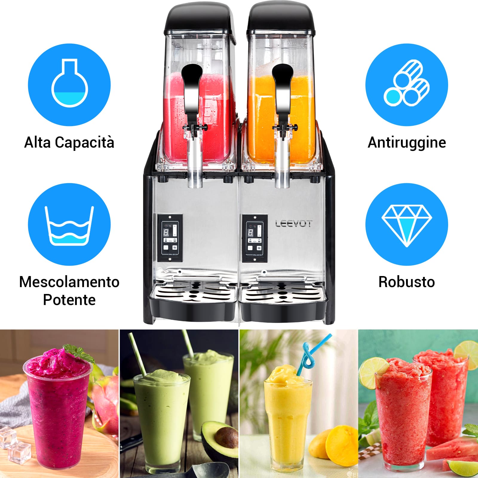 LEEVOT Macchina per Granite Commerciale a Doppia Vasca da 12L*2 - Fabbricatore di Bevande Ghiacciate in Acciaio Inossidabile per Ristoranti e Bar