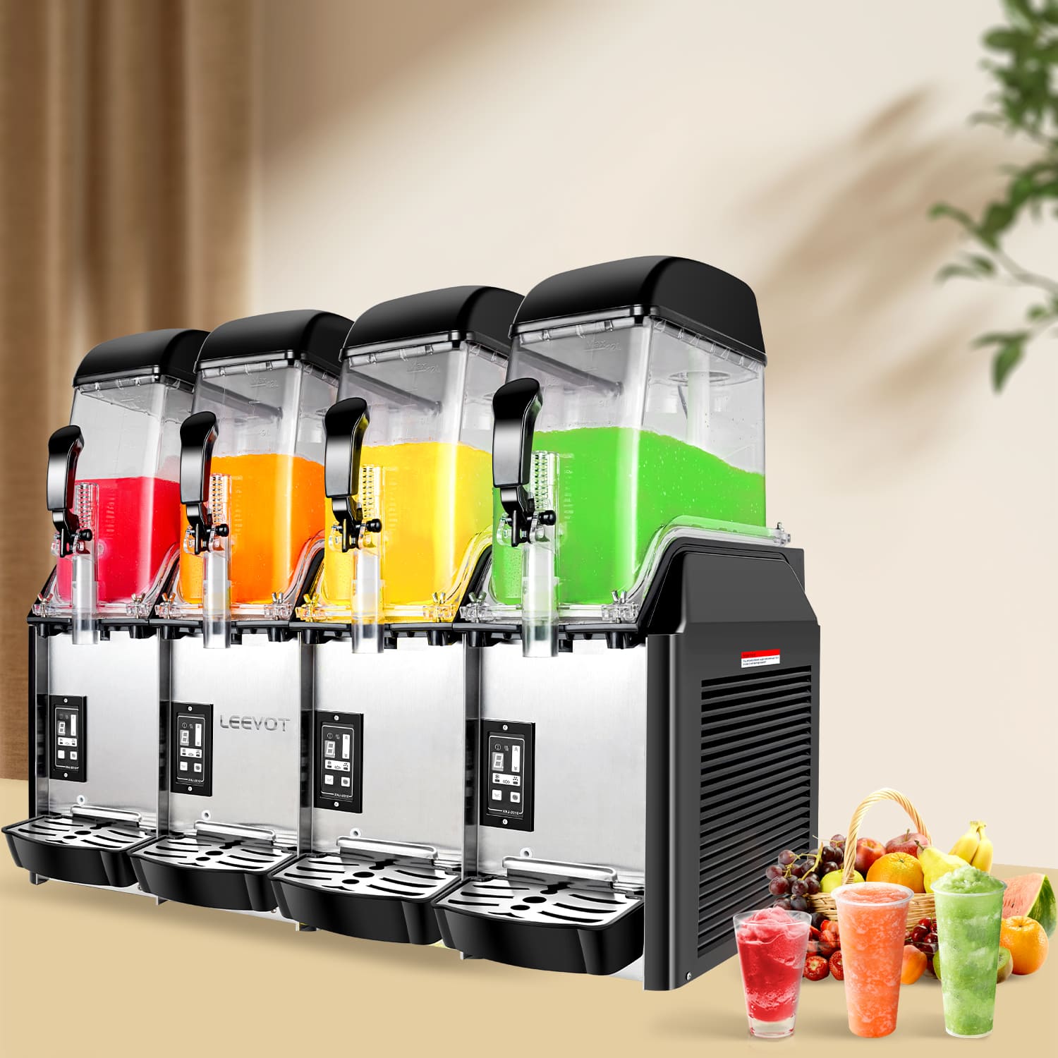 LEEVOT Macchina per Granite Commerciale con Quattro Vasche da 12L - Fabbricatore di Bevande Ghiacciate in Acciaio Inossidabile per Ristoranti e Bar