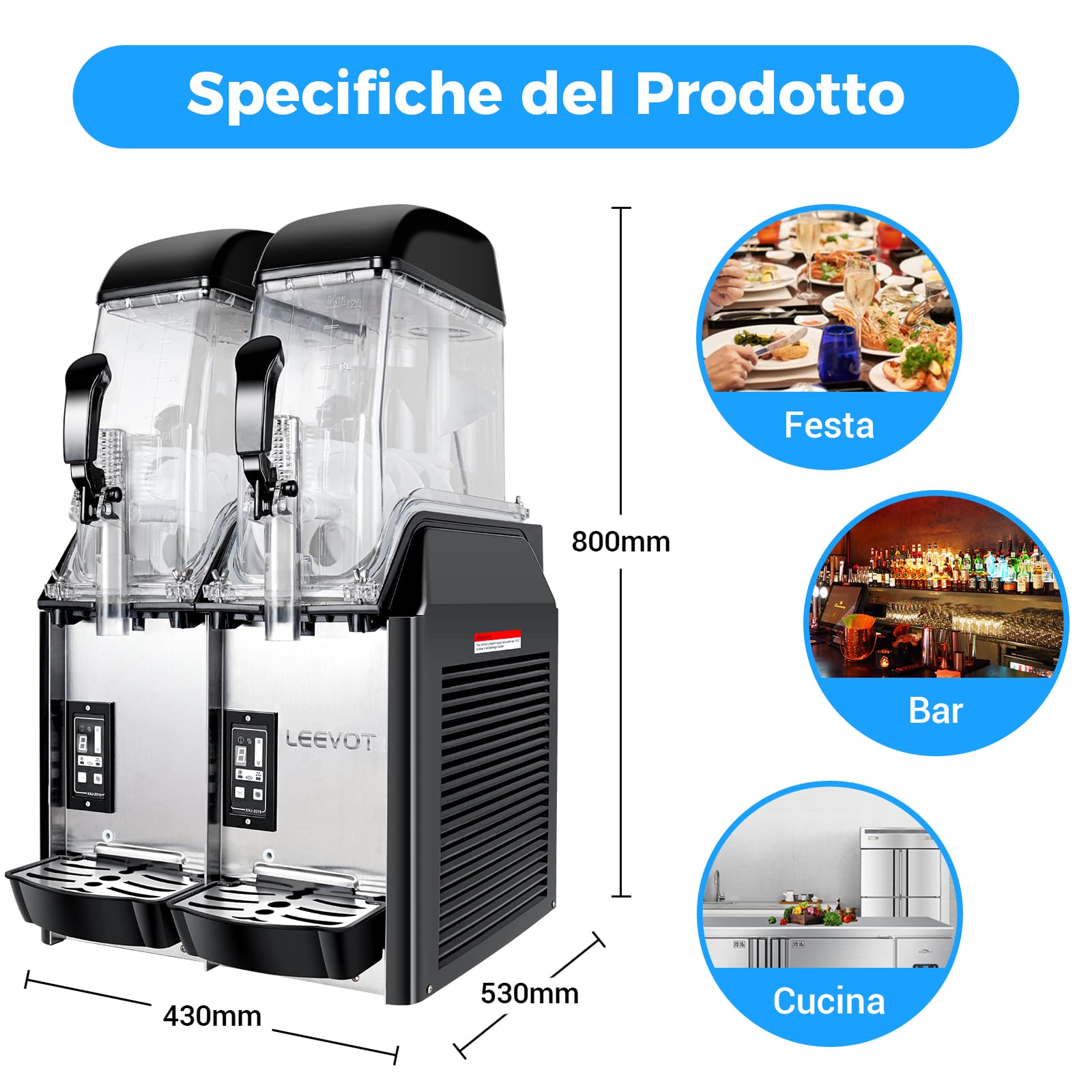 LEEVOT Macchina per Granite Commerciale a Doppia Vasca da 12L*2 - Fabbricatore di Bevande Ghiacciate in Acciaio Inossidabile per Ristoranti e Bar