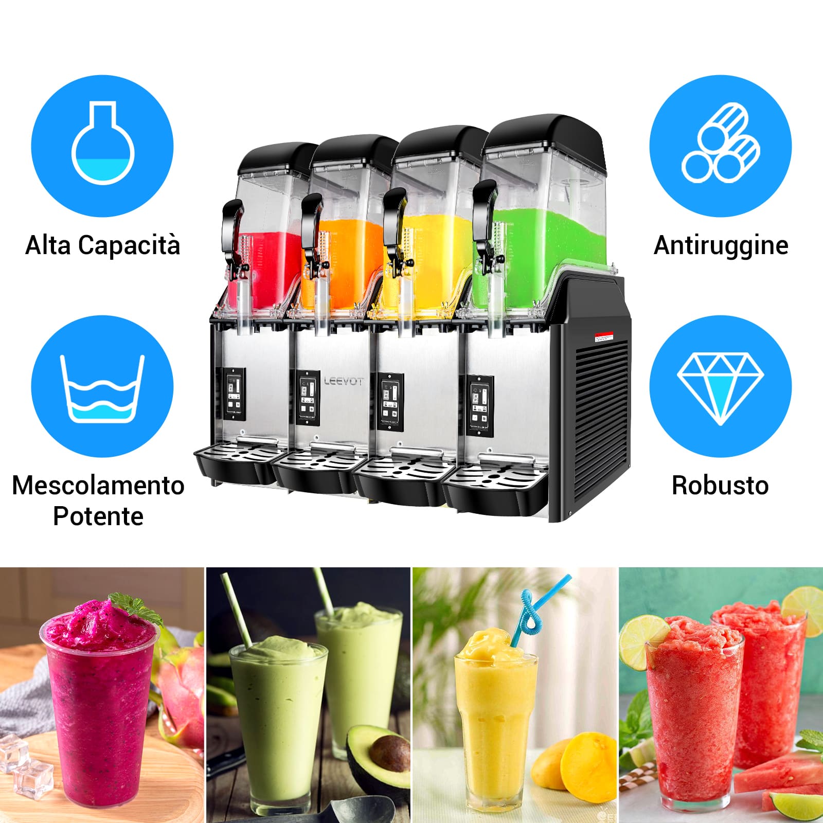 LEEVOT Macchina per Granite Commerciale con Quattro Vasche da 12L - Fabbricatore di Bevande Ghiacciate in Acciaio Inossidabile per Ristoranti e Bar