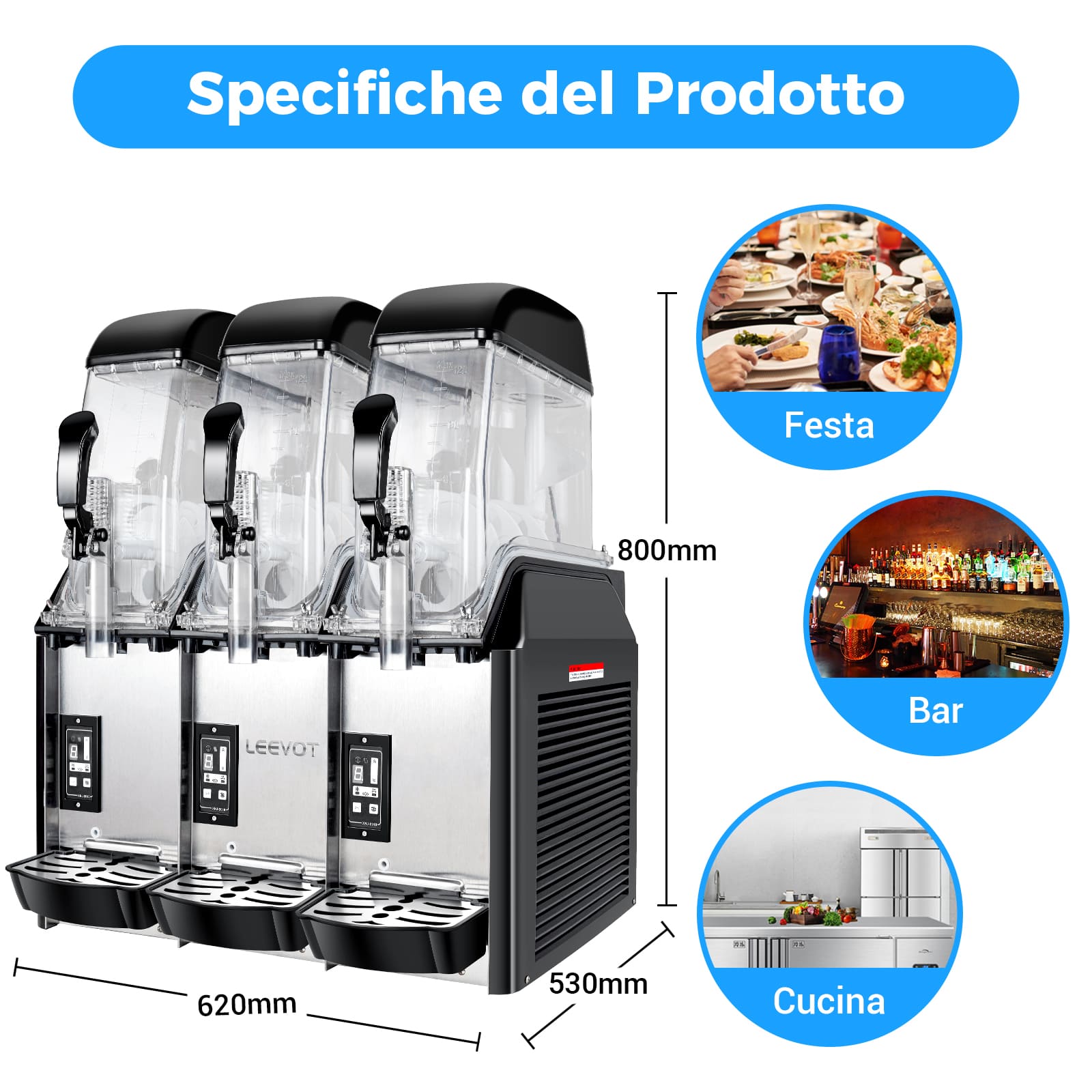 LEEVOT Macchina per Granite Commerciale con Tre Vasche da 12L - Fabbricatore di Bevande Ghiacciate in Acciaio Inossidabile per Ristoranti e Bar
