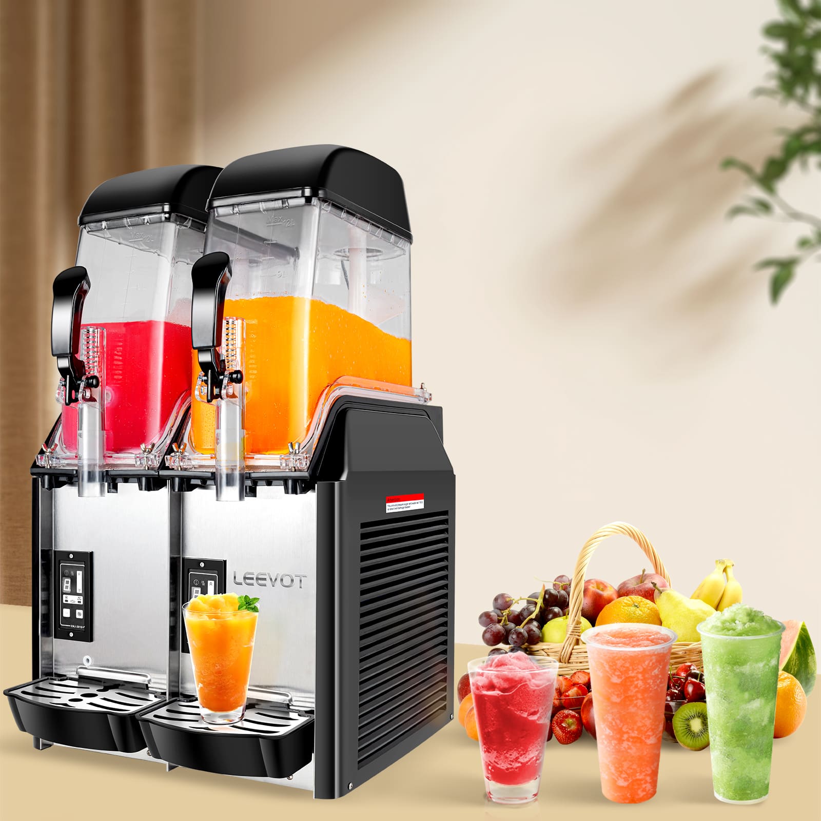 LEEVOT Macchina per Granite Commerciale a Doppia Vasca da 12L*2 - Fabbricatore di Bevande Ghiacciate in Acciaio Inossidabile per Ristoranti e Bar