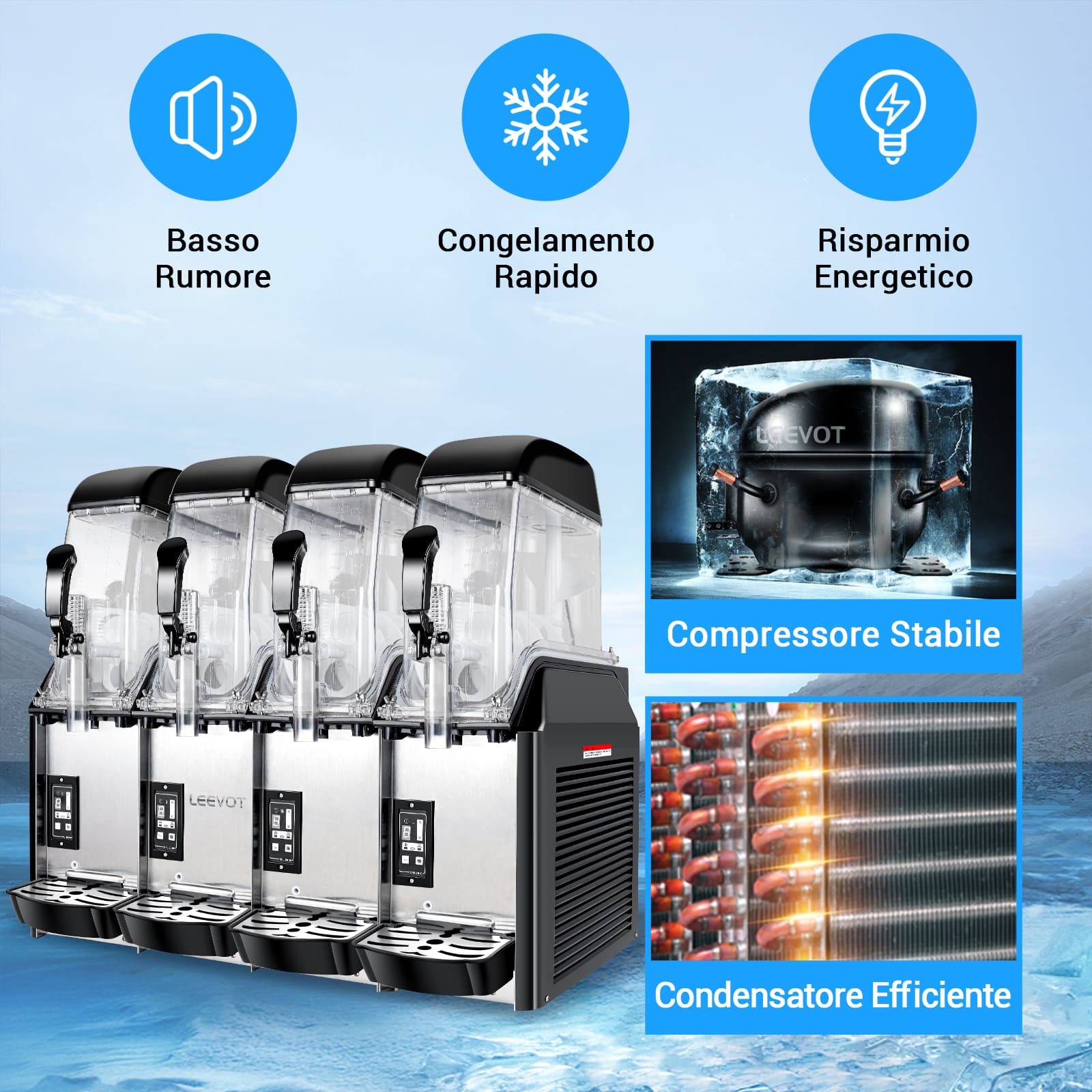 LEEVOT Macchina per Granite Commerciale con Quattro Vasche da 12L - Fabbricatore di Bevande Ghiacciate in Acciaio Inossidabile per Ristoranti e Bar