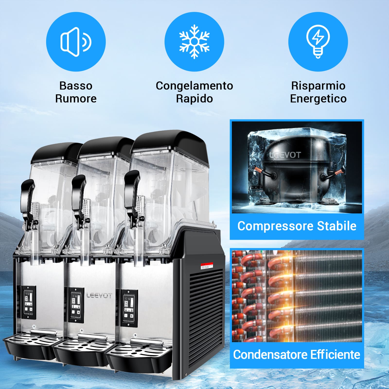 LEEVOT Macchina per Granite Commerciale con Tre Vasche da 12L - Fabbricatore di Bevande Ghiacciate in Acciaio Inossidabile per Ristoranti e Bar