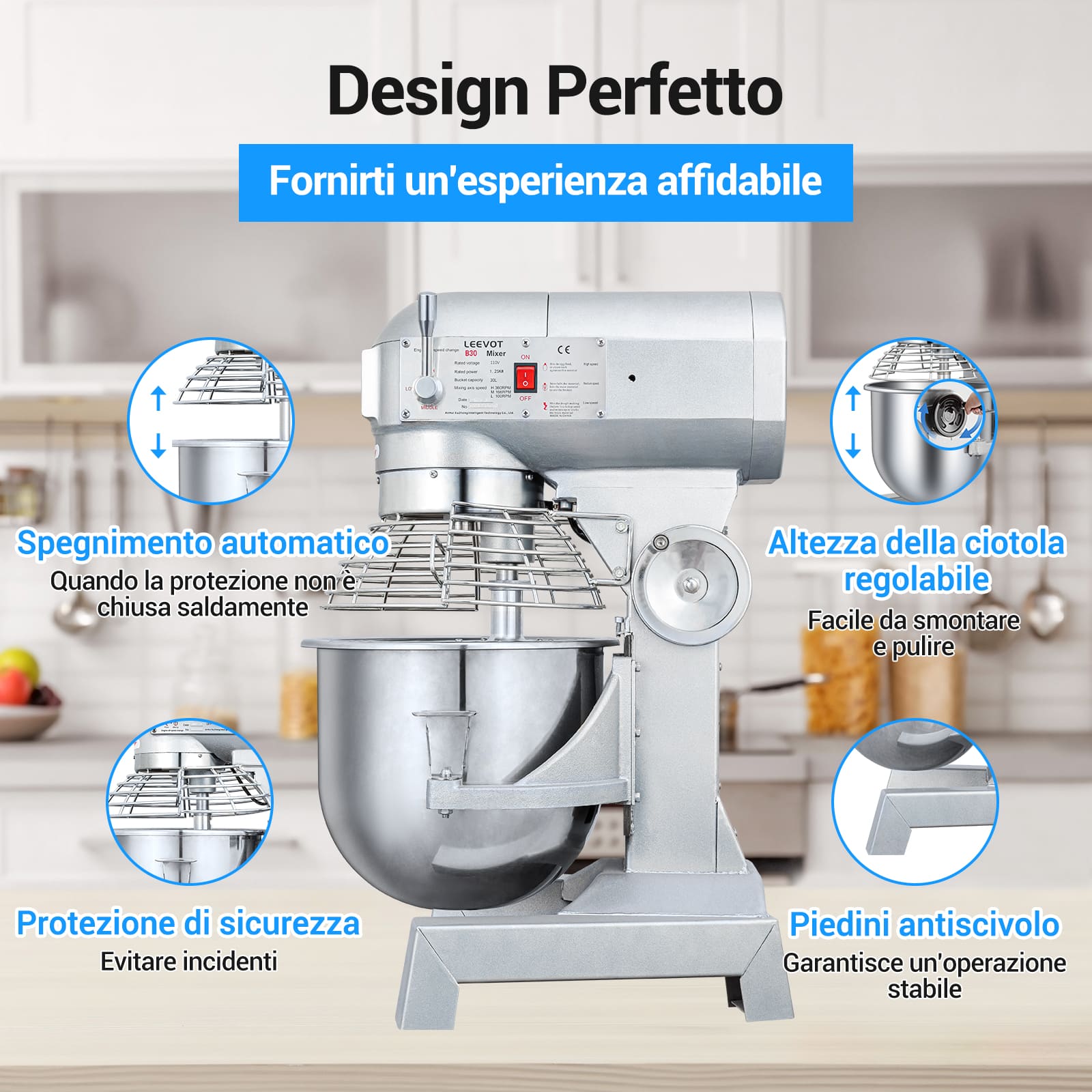 Leevot mixer professionale 20 L. - Funzione di Temporizzazione, Mixer Elettrico da Banco Robusto con Protezione e Accessori Standard