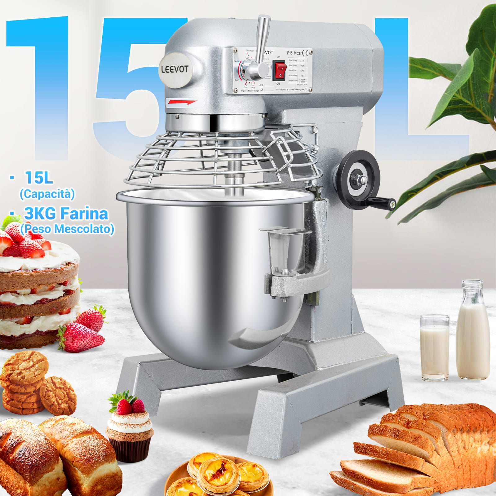 Leevot Mixer da 15Qt. Robusto - Prestazioni Affidabili per Panifici e Pizzerie