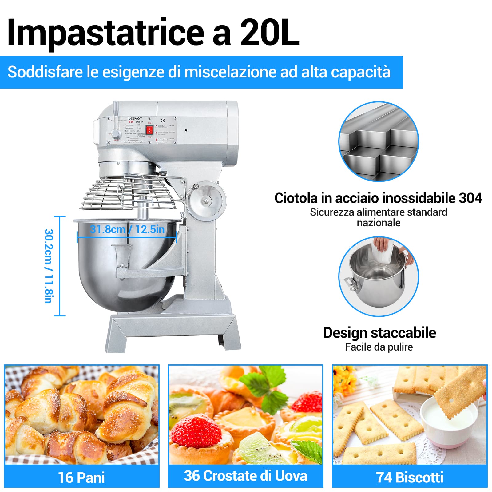 Leevot mixer professionale 20 L. - Funzione di Temporizzazione, Mixer Elettrico da Banco Robusto con Protezione e Accessori Standard
