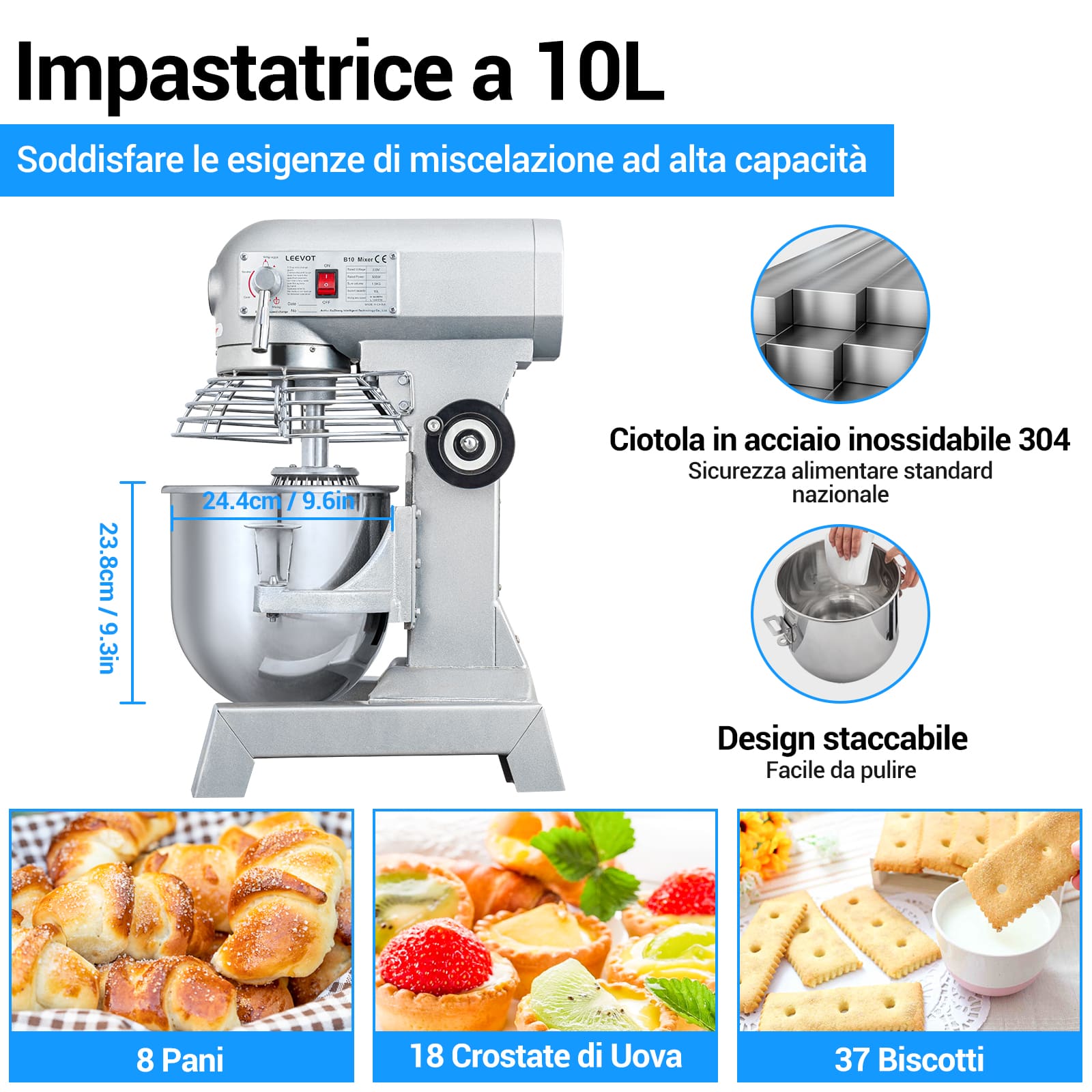 Leevot Impastatrice Planetaria Commerciale da 10L - Funzionamento Versatile con Paraschizzi e Accessori Standard