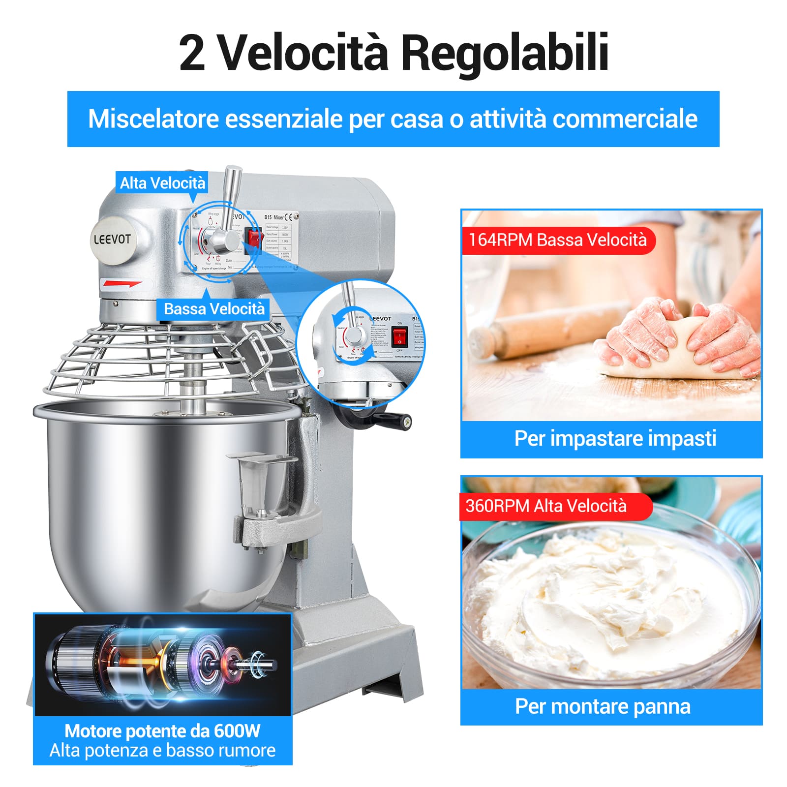 Leevot Mixer da 15Qt. Robusto - Prestazioni Affidabili per Panifici e Pizzerie