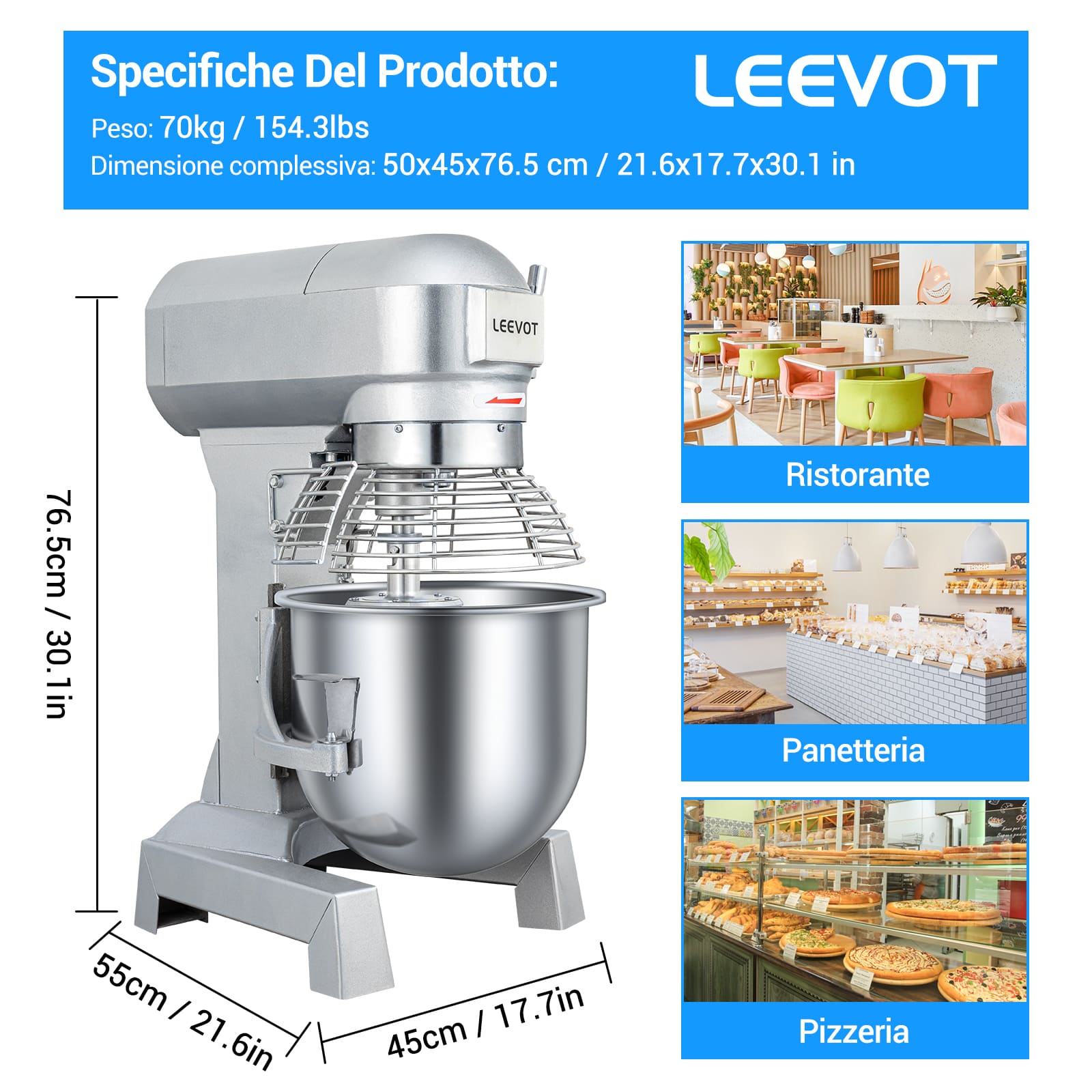 Leevot mixer professionale 20 L. - Funzione di Temporizzazione, Mixer Elettrico da Banco Robusto con Protezione e Accessori Standard