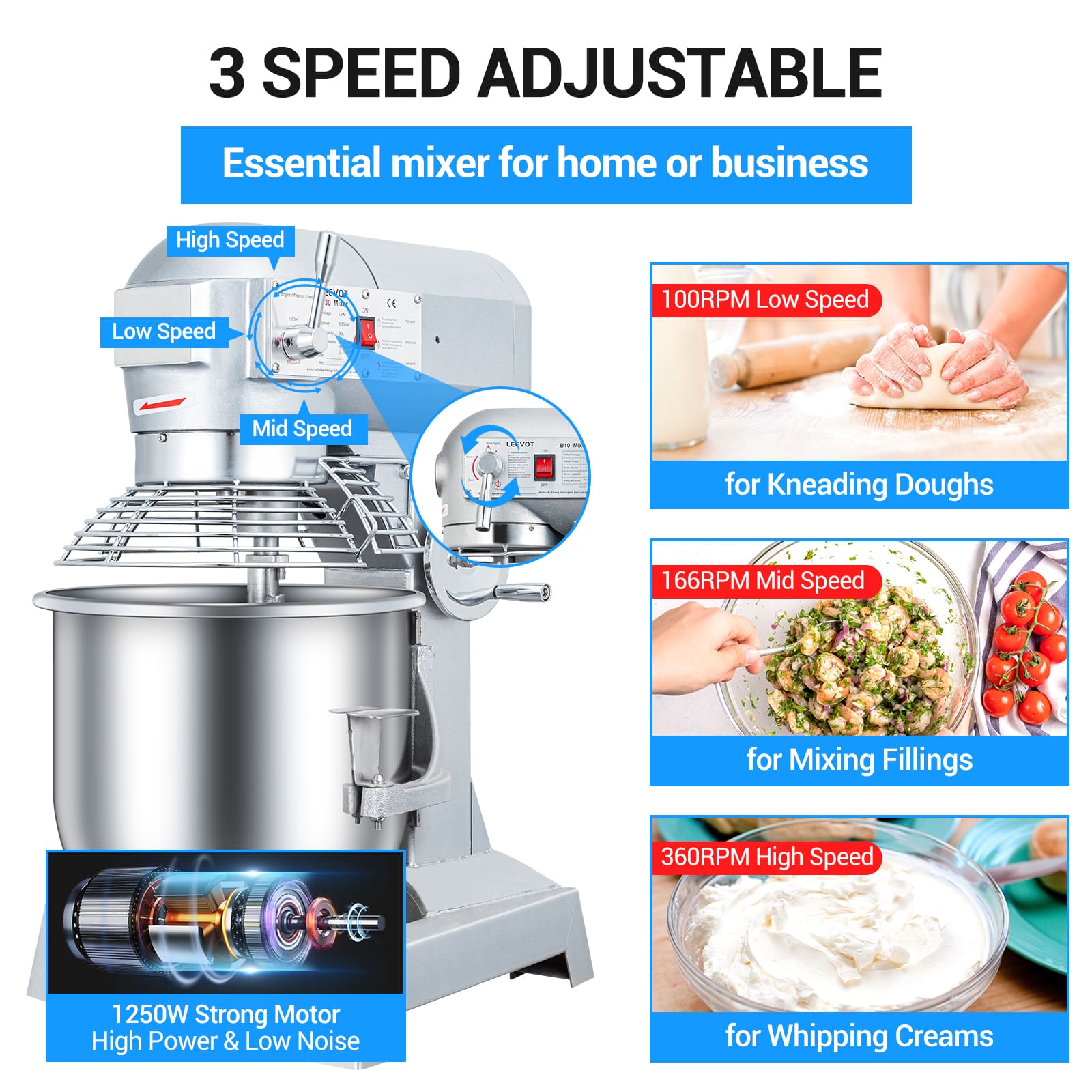 Leevot mixer professionale 30 L. - Funzione di Temporizzazione, Mixer Elettrico da Banco Robusto con Protezione e Accessori Standard
