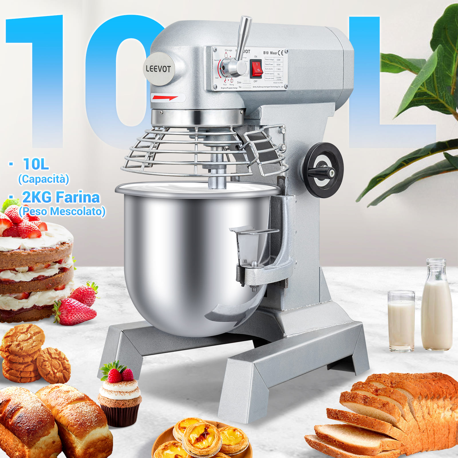 Leevot Impastatrice Planetaria Commerciale da 10L - Funzionamento Versatile con Paraschizzi e Accessori Standard