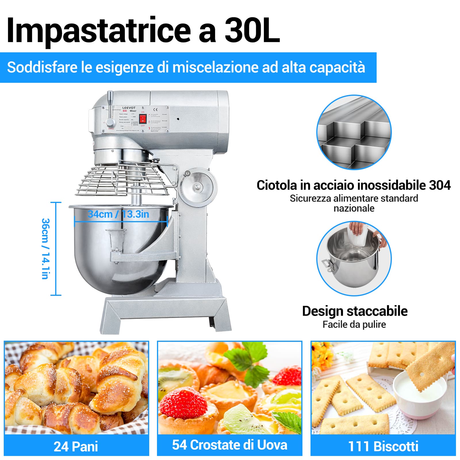 Leevot mixer professionale 30 L. - Funzione di Temporizzazione, Mixer Elettrico da Banco Robusto con Protezione e Accessori Standard
