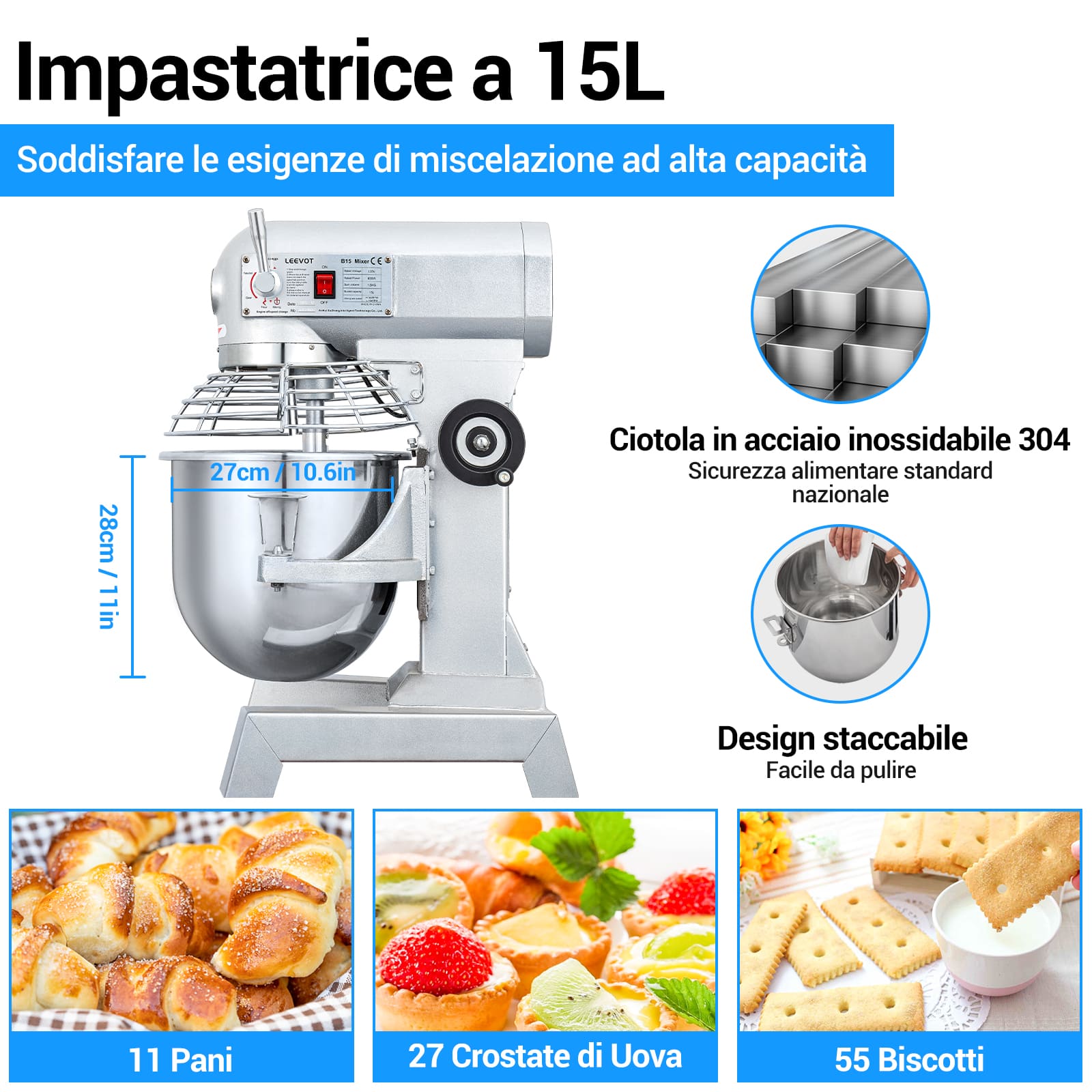 Leevot Mixer da 15Qt. Robusto - Prestazioni Affidabili per Panifici e Pizzerie