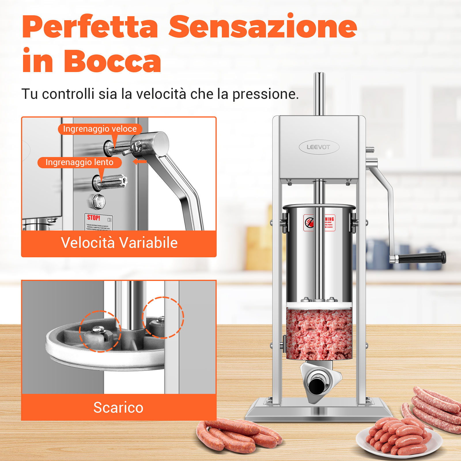 Leevot 5 Litri Insaccatrice Manuale Verticale - Acciaio Inox, 2 Velocità, 4 Tubetti di Riempimento