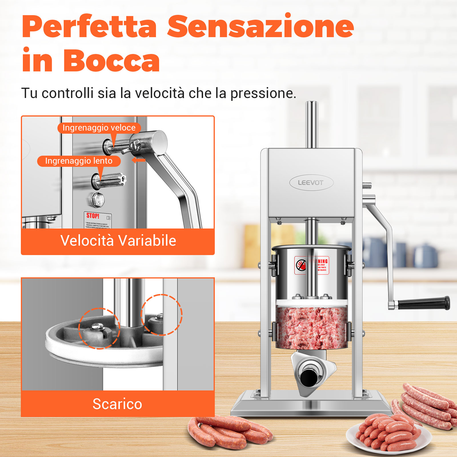 Leevot Insaccatrice Manuale Verticale da 3 Litri - Acciaio Inossidabile, 2 Velocità, 4 Tubetti di Riempimento