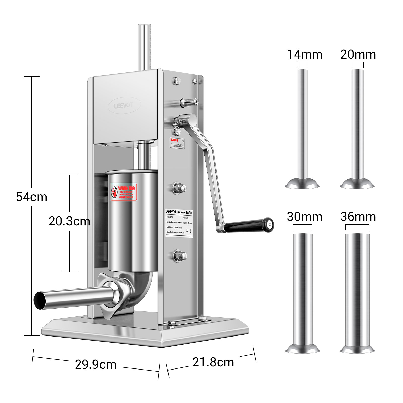 Leevot Insaccatrice Manuale Verticale da 3 Litri - Acciaio Inossidabile, 2 Velocità, 4 Tubetti di Riempimento