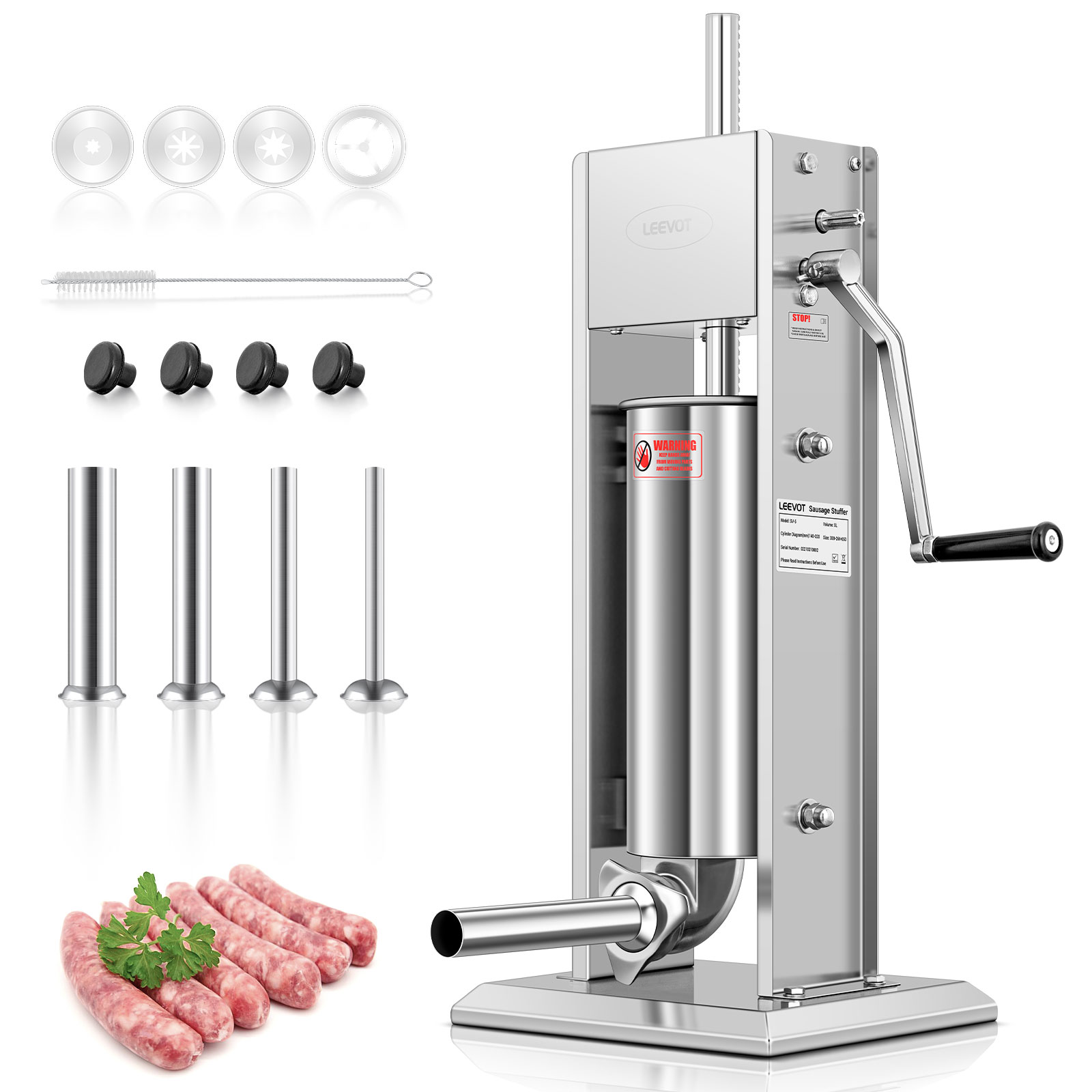 Leevot 5 Litri Insaccatrice Manuale Verticale - Acciaio Inox, 2 Velocità, 4 Tubetti di Riempimento