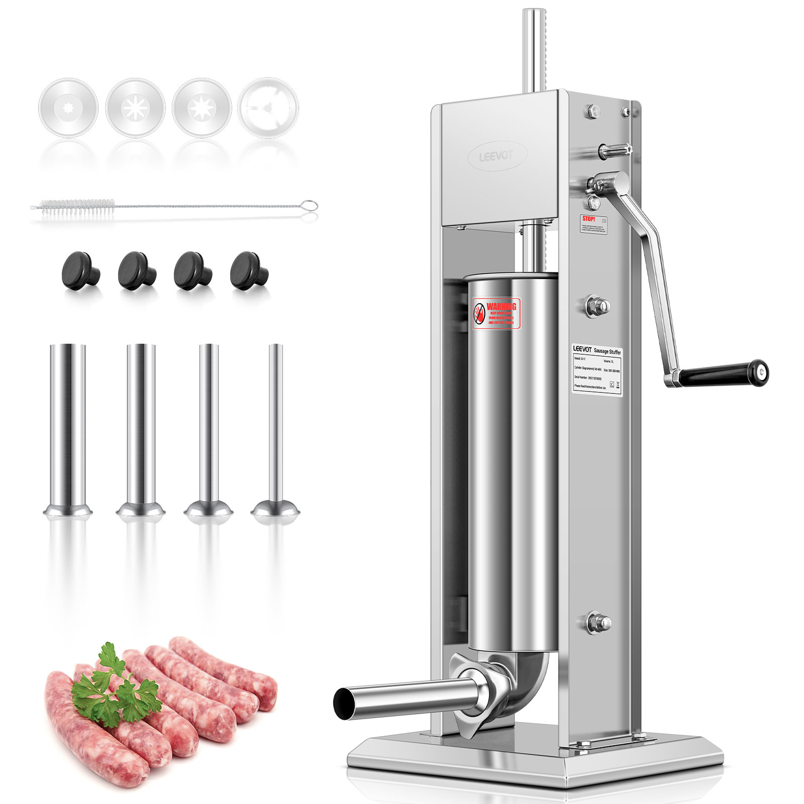 Leevot 7 Litri Insaccatrice Verticale Manuale - Acciaio Inox, 2 Velocità, 4 Tubetti di Riempimento