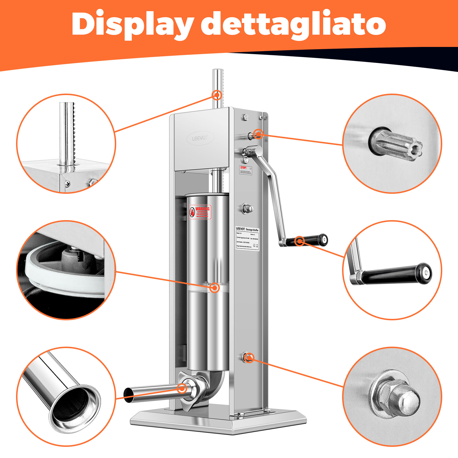 Leevot 7 Litri Insaccatrice Verticale Manuale - Acciaio Inox, 2 Velocità, 4 Tubetti di Riempimento