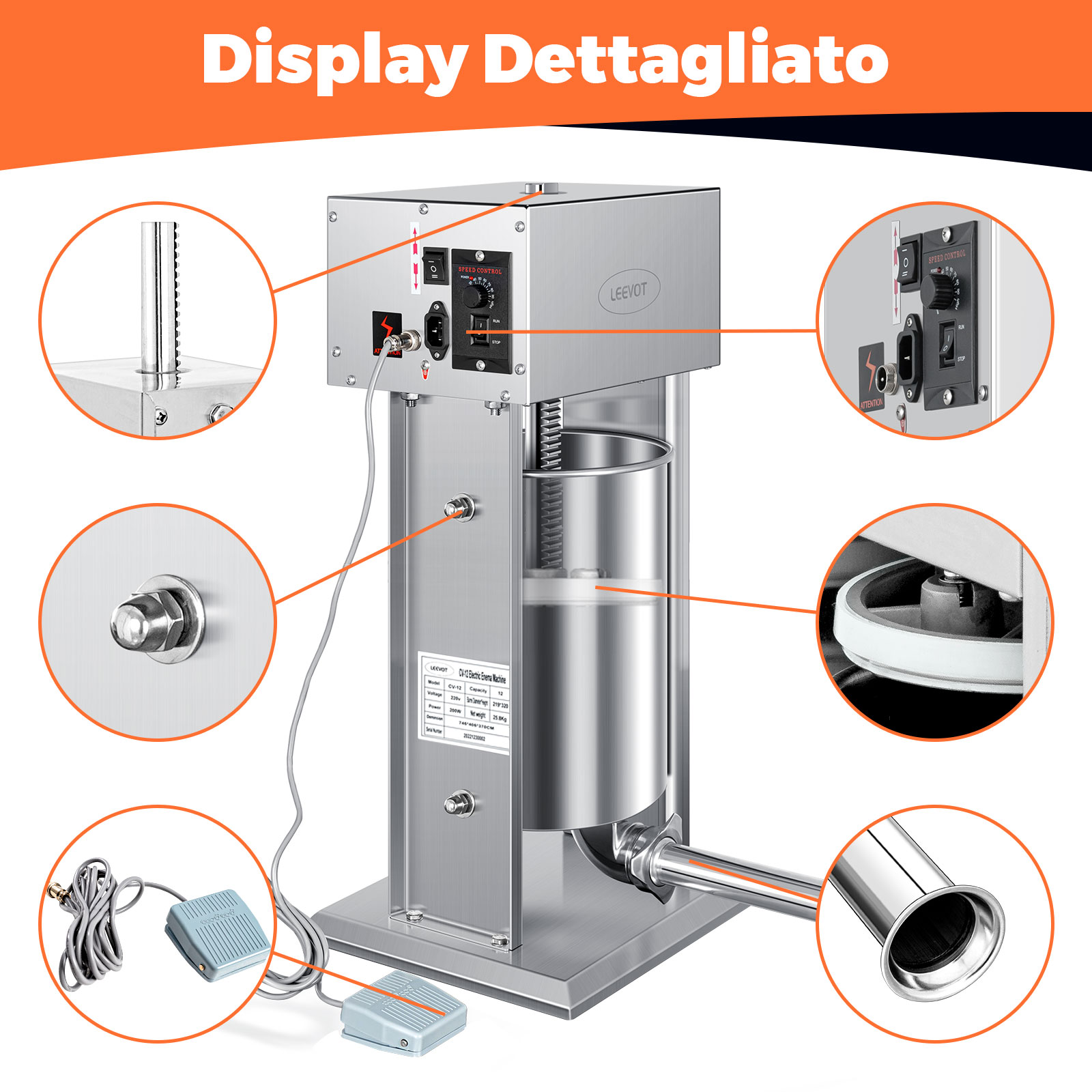Leevot Insaccatrice Elettrica 12L, 9 Velocità, Verticale, Acciaio Inossidabile, 4 Tubetti, Casa e Professionale