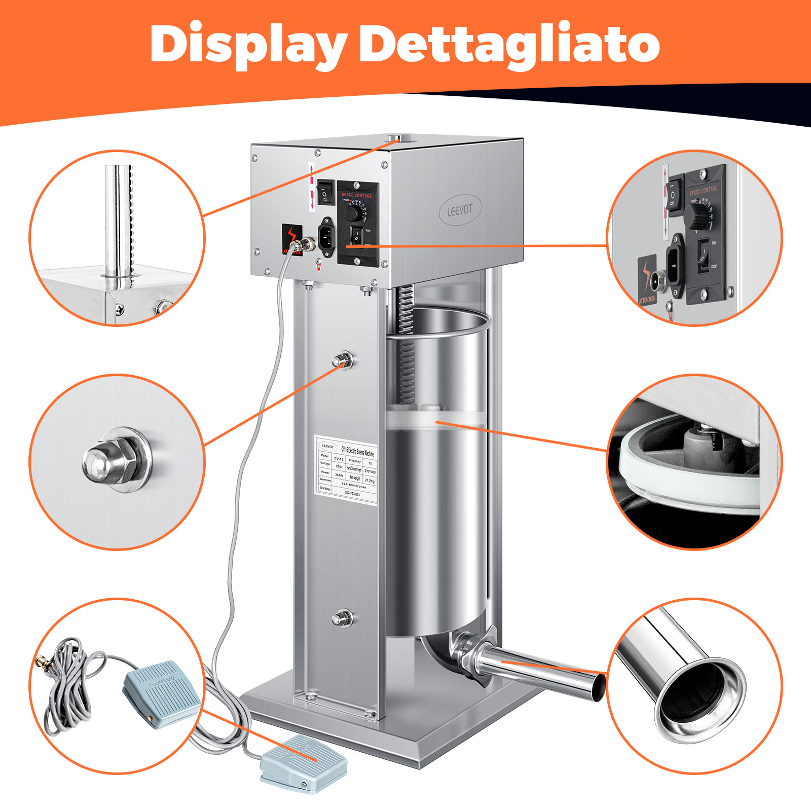 Leevot Macchina Elettrica per Salsicce, 15L, 9 Velocità, Verticale, Acciaio Inossidabile, 4 Tubetti, Uso Domestico e Professionale