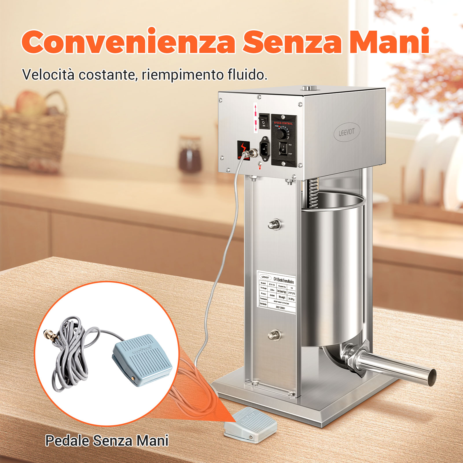 Leevot Insaccatrice Elettrica per Salsicce, 9 Velocità, 10L, Verticale, Acciaio Inossidabile con 4 Tubetti, Casa e Commerciale