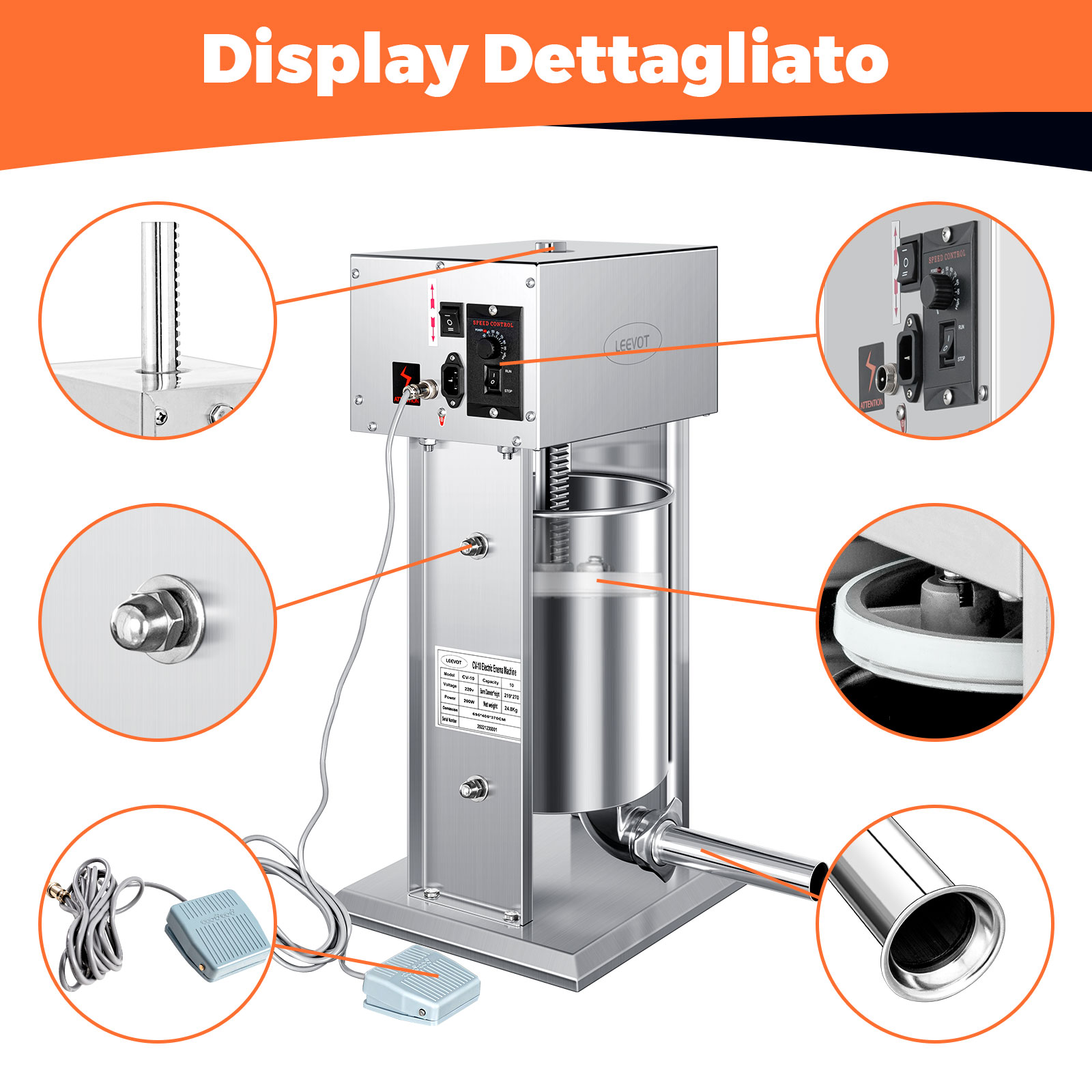 Leevot Insaccatrice Elettrica per Salsicce, 9 Velocità, 10L, Verticale, Acciaio Inossidabile con 4 Tubetti, Casa e Commerciale