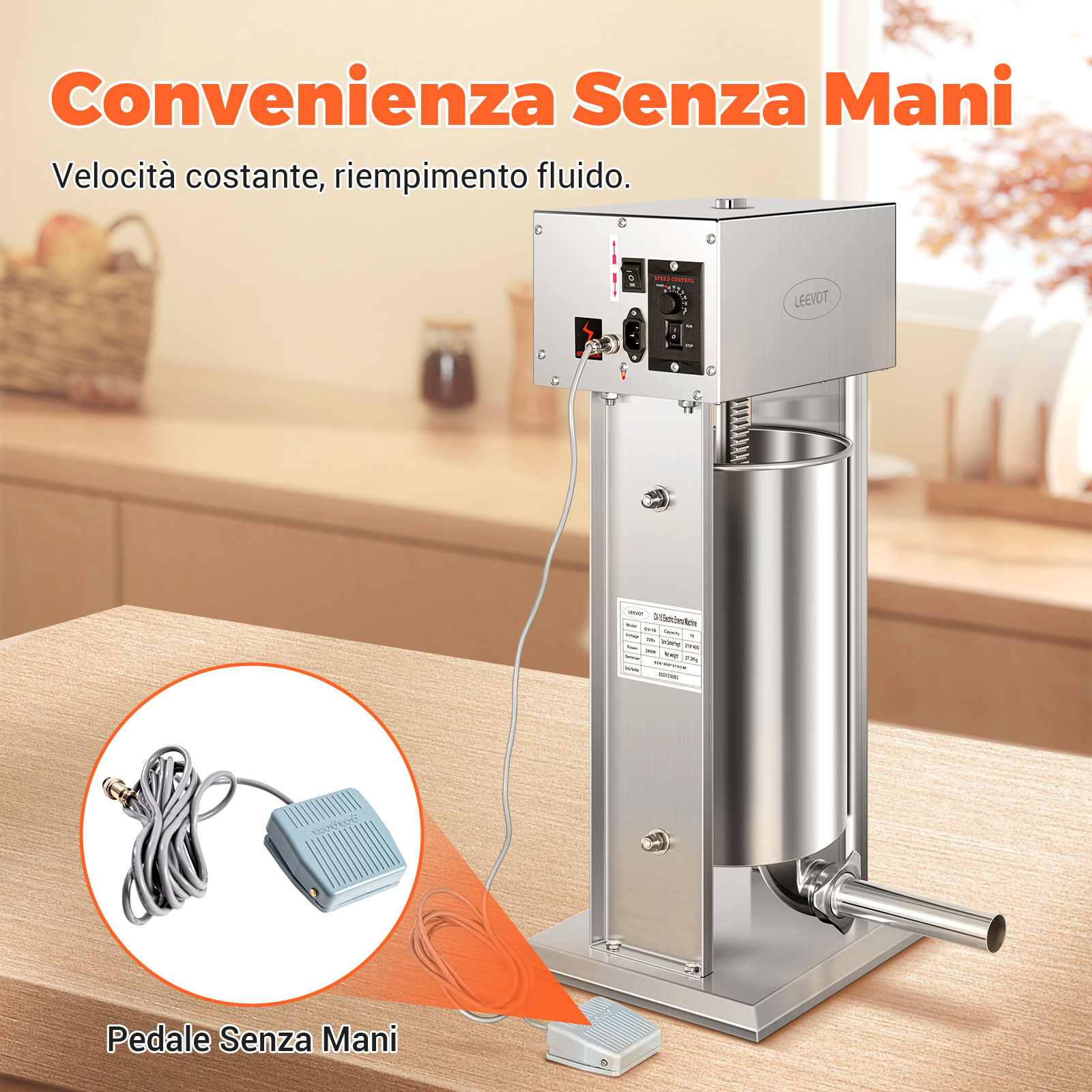 Leevot Macchina Elettrica per Salsicce, 15L, 9 Velocità, Verticale, Acciaio Inossidabile, 4 Tubetti, Uso Domestico e Professionale