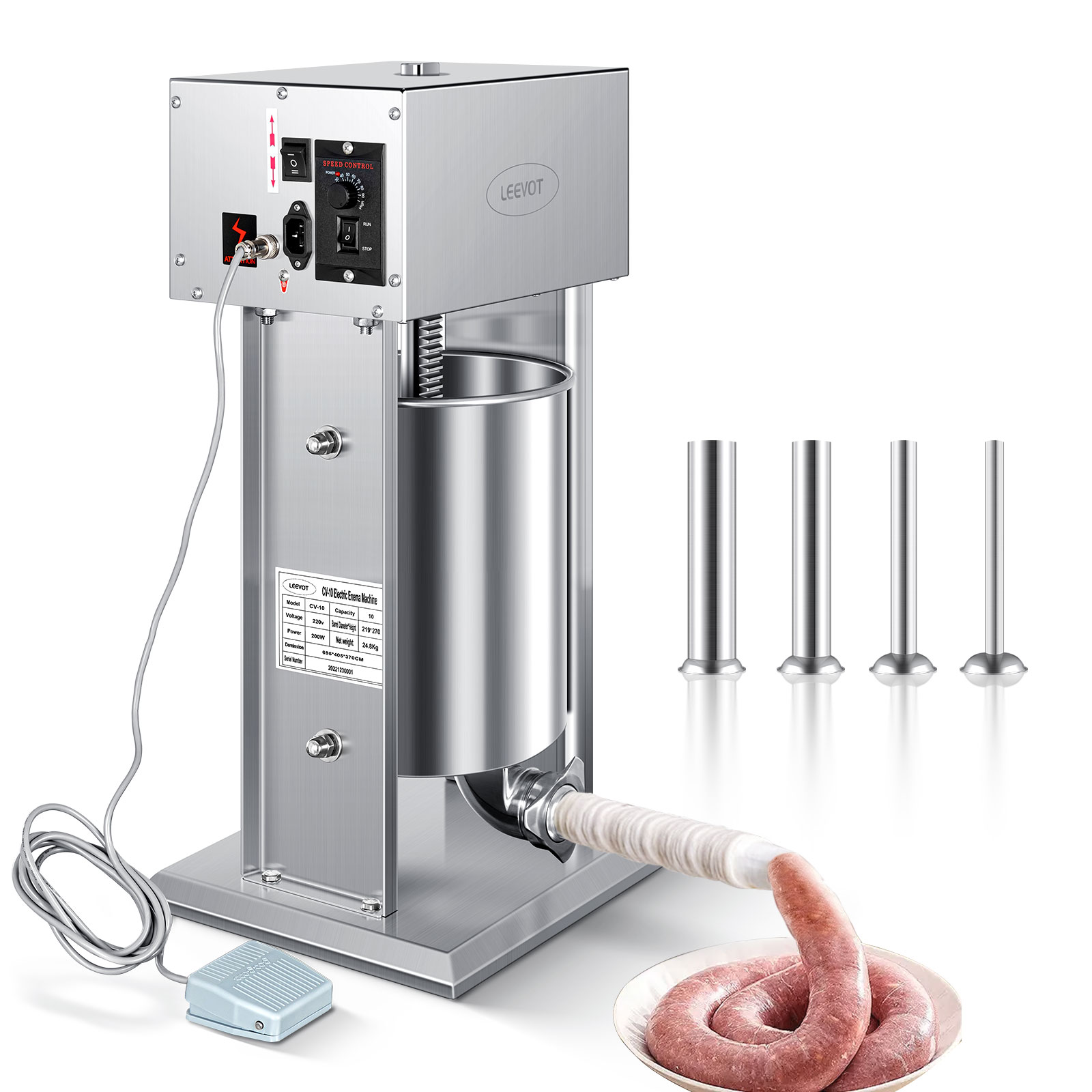 Leevot Insaccatrice Elettrica per Salsicce, 9 Velocità, 10L, Verticale, Acciaio Inossidabile con 4 Tubetti, Casa e Commerciale