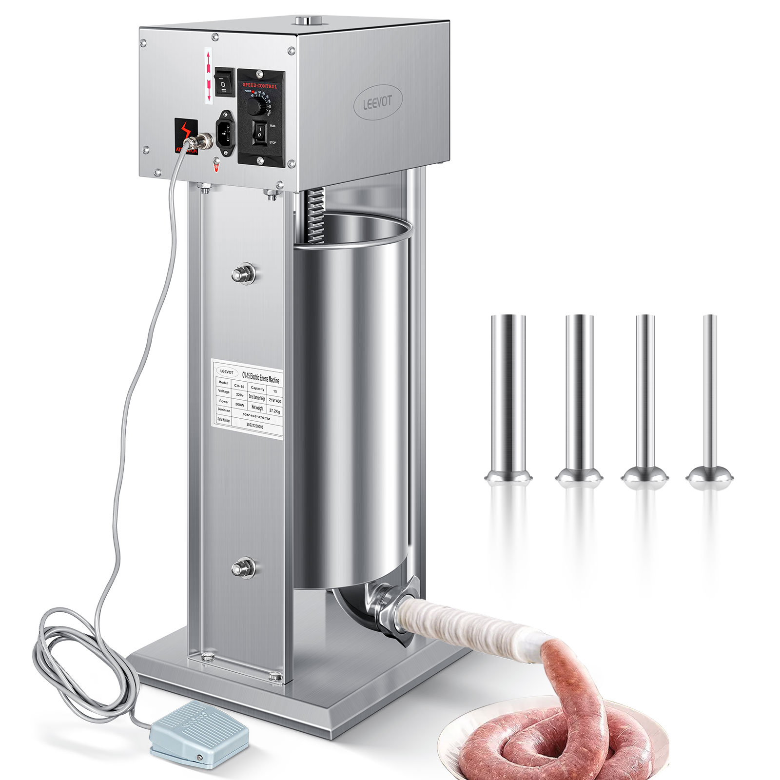 Leevot Macchina Elettrica per Salsicce, 15L, 9 Velocità, Verticale, Acciaio Inossidabile, 4 Tubetti, Uso Domestico e Professionale