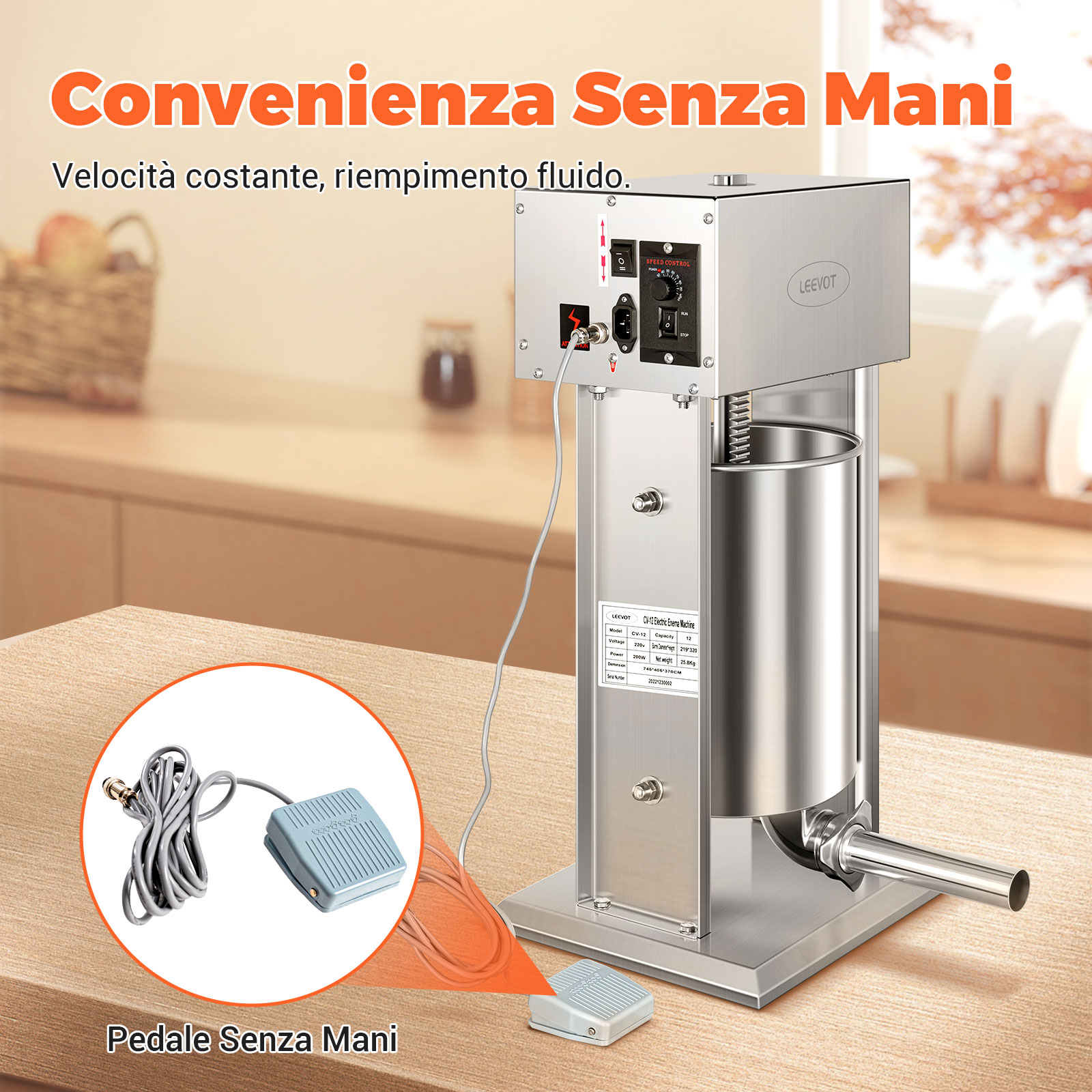 Leevot Insaccatrice Elettrica 12L, 9 Velocità, Verticale, Acciaio Inossidabile, 4 Tubetti, Casa e Professionale