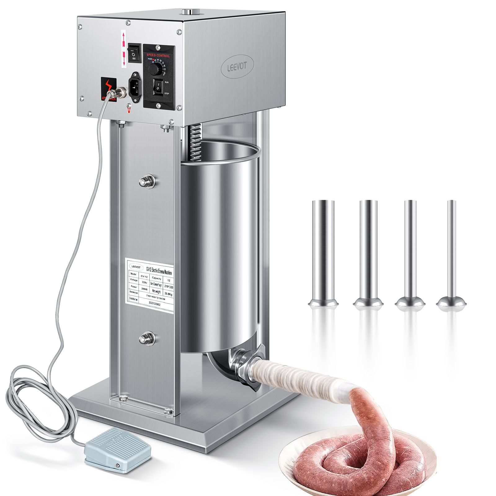 Leevot Insaccatrice Elettrica 12L, 9 Velocità, Verticale, Acciaio Inossidabile, 4 Tubetti, Casa e Professionale