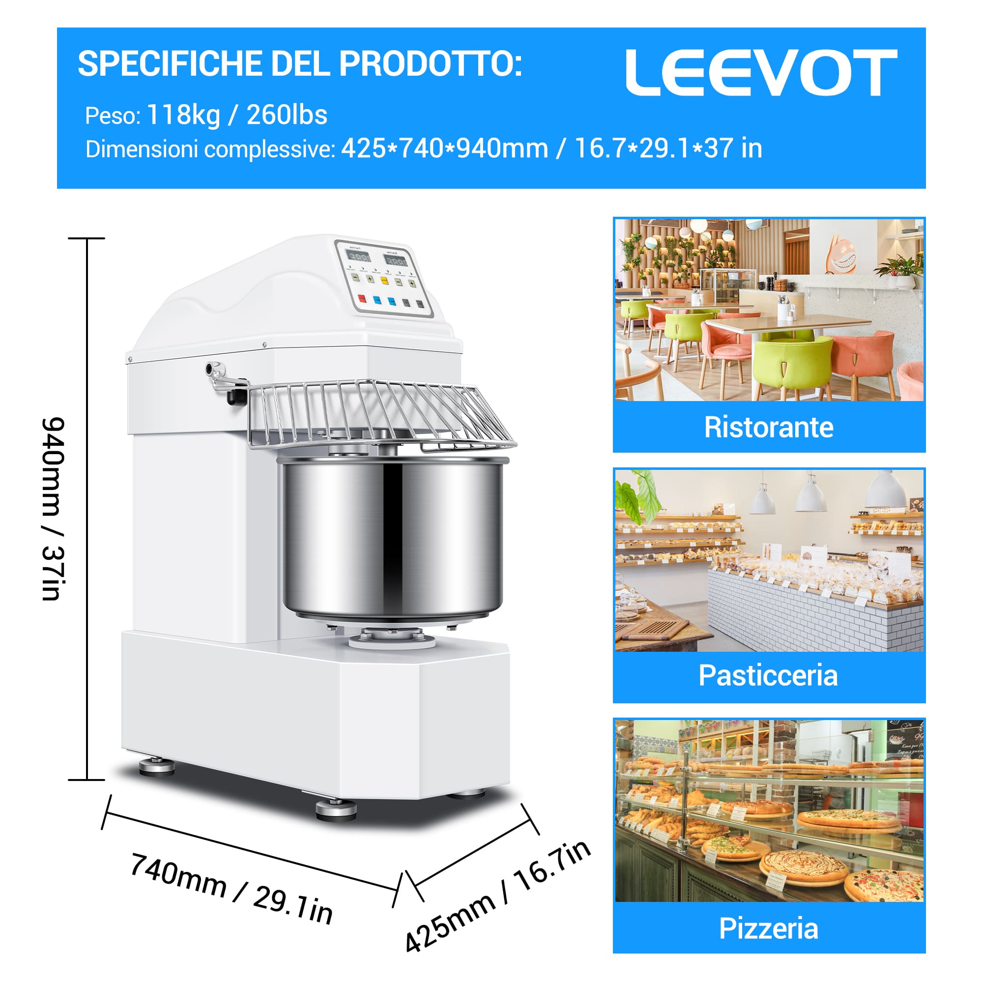 Impastatrice a Spirale Commerciale da 30L con Motore a 2 Velocità e Funzione di Arresto Automatico per la Sicurezza – Ideale per Impasti di Pizza, Pane e Biscotti