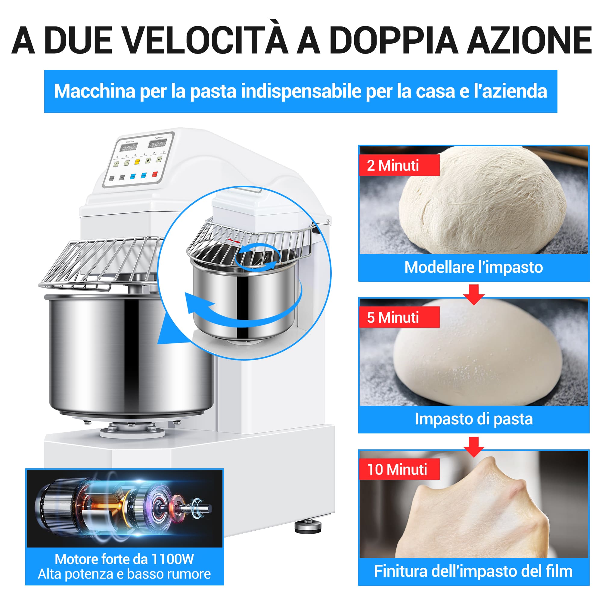 Impastatrice a Spirale Commerciale da 20L con Motore a 2 Velocità e Funzione di Arresto Automatico per la Sicurezza – Ideale per Impasti di Pizza, Pane e Biscotti