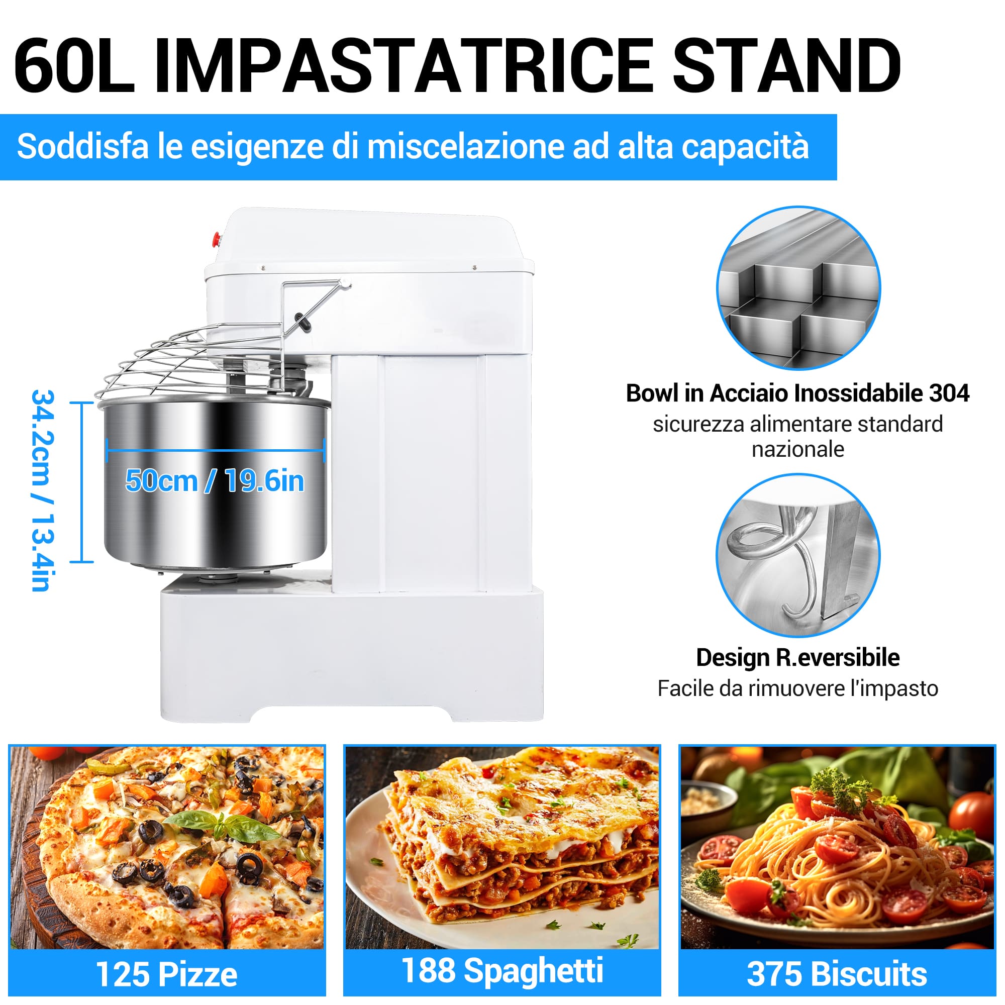Leevot Impastatrice a Spirale Professionale da 60L – Capacità Elevata, Doppia Rotazione e Sicurezza Avanzata per Cucine e Panifici