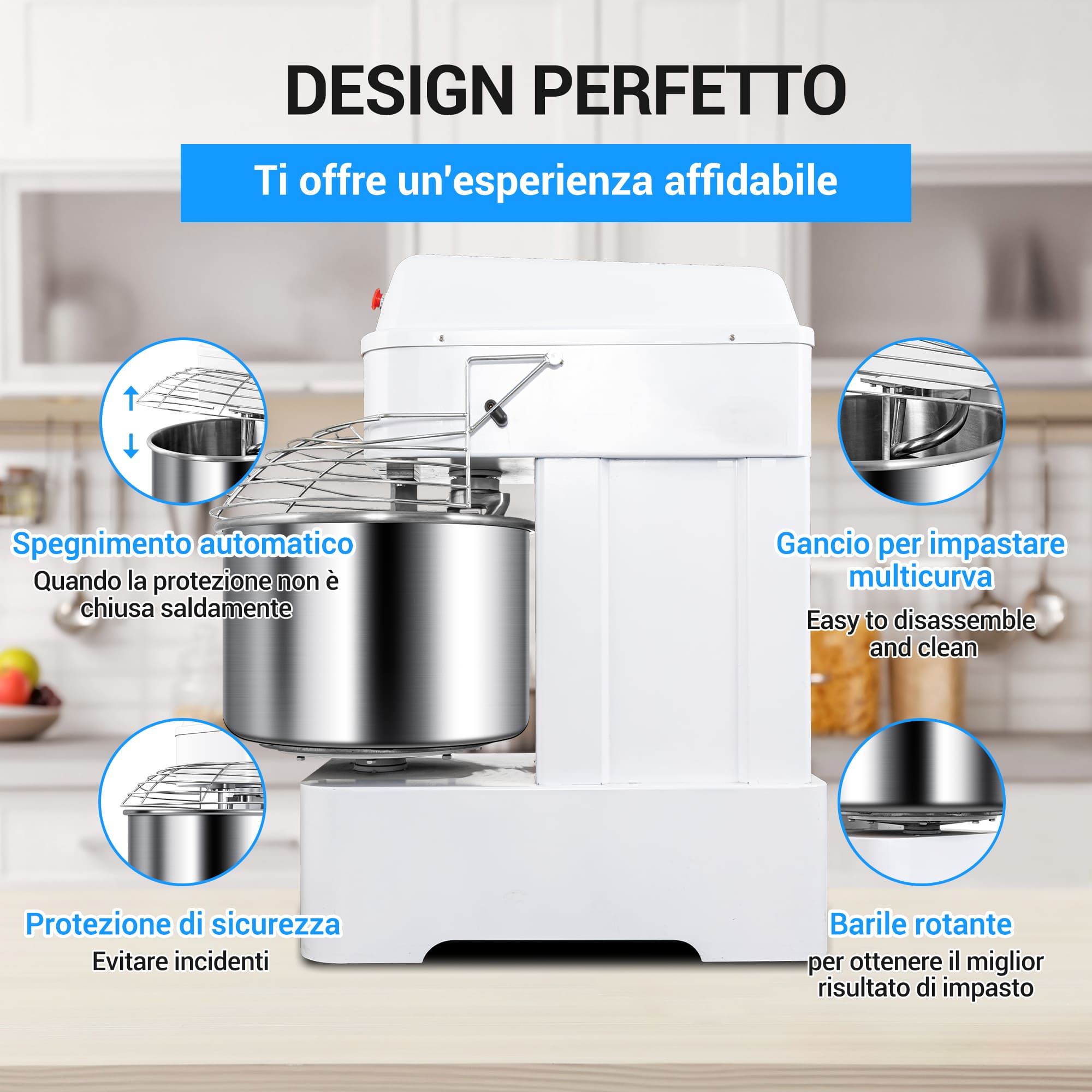 Leevot Impastatrice a Spirale Professionale da 60L – Capacità Elevata, Doppia Rotazione e Sicurezza Avanzata per Cucine e Panifici