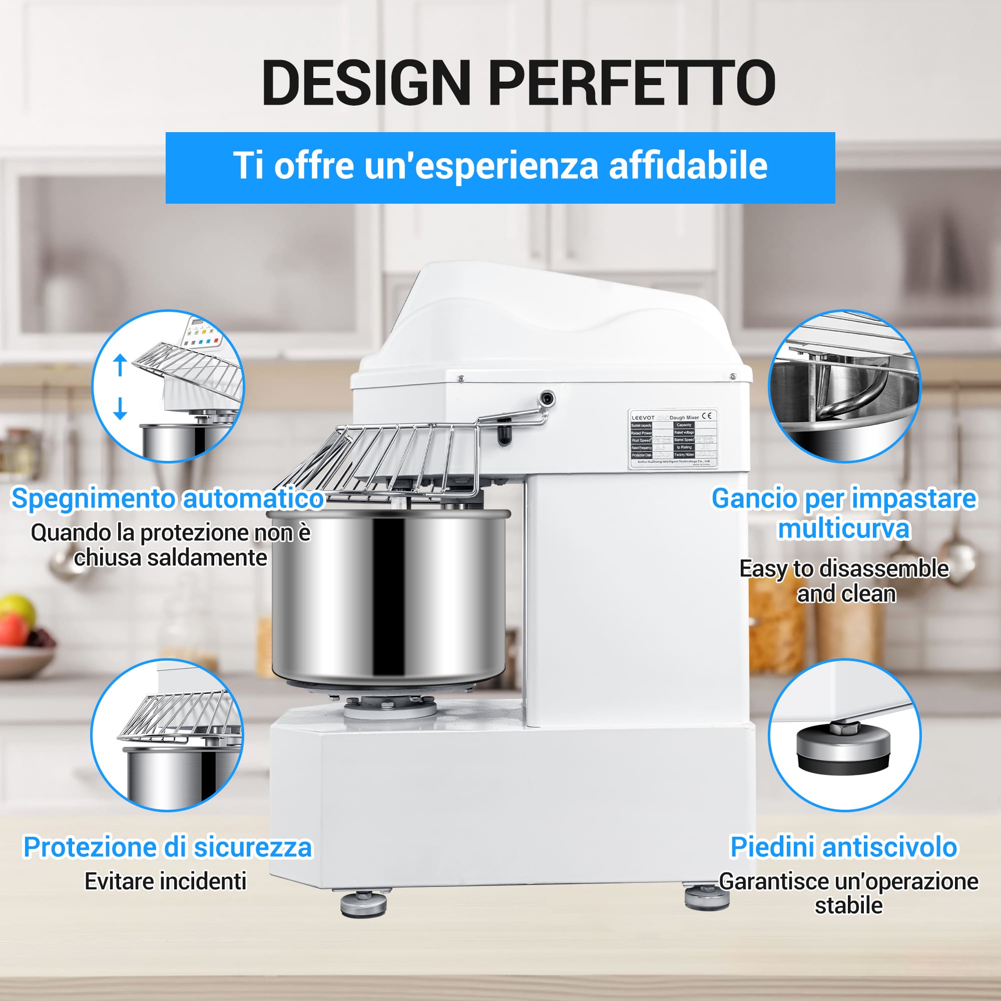 Impastatrice a Spirale Commerciale da 30L con Motore a 2 Velocità e Funzione di Arresto Automatico per la Sicurezza – Ideale per Impasti di Pizza, Pane e Biscotti