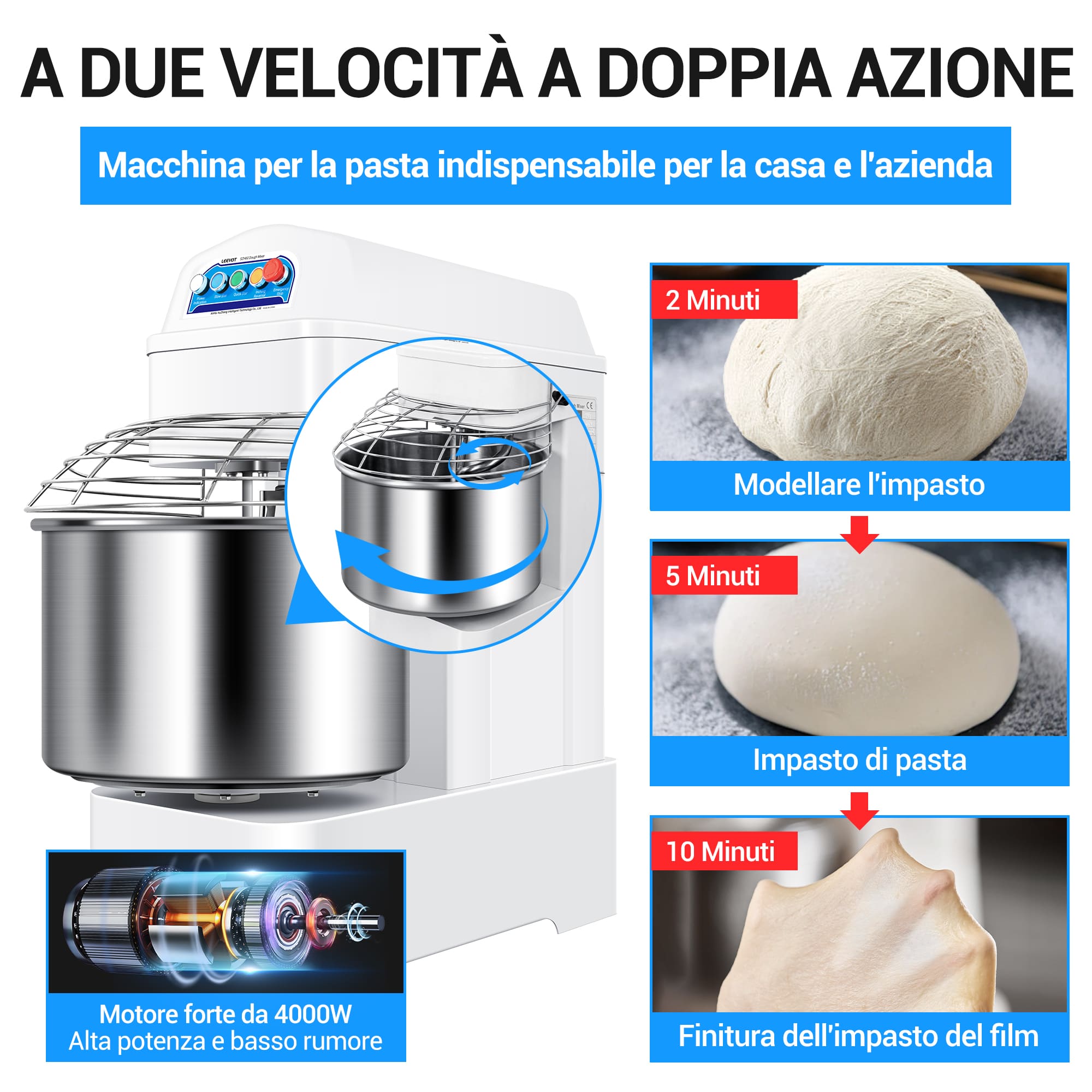 Leevot Impastatrice a Spirale Professionale da 60L – Capacità Elevata, Doppia Rotazione e Sicurezza Avanzata per Cucine e Panifici