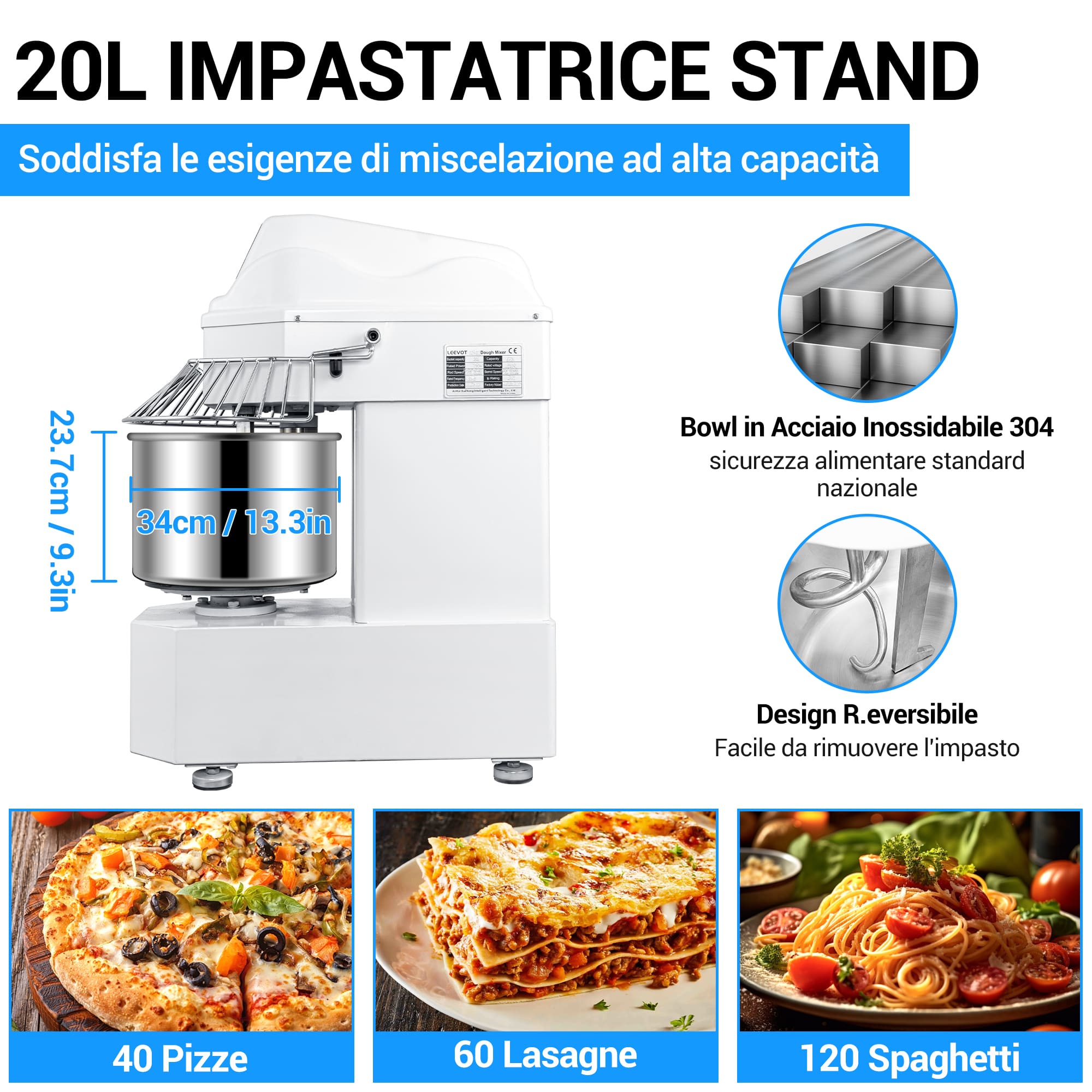 Impastatrice a Spirale Commerciale da 20L con Motore a 2 Velocità e Funzione di Arresto Automatico per la Sicurezza – Ideale per Impasti di Pizza, Pane e Biscotti